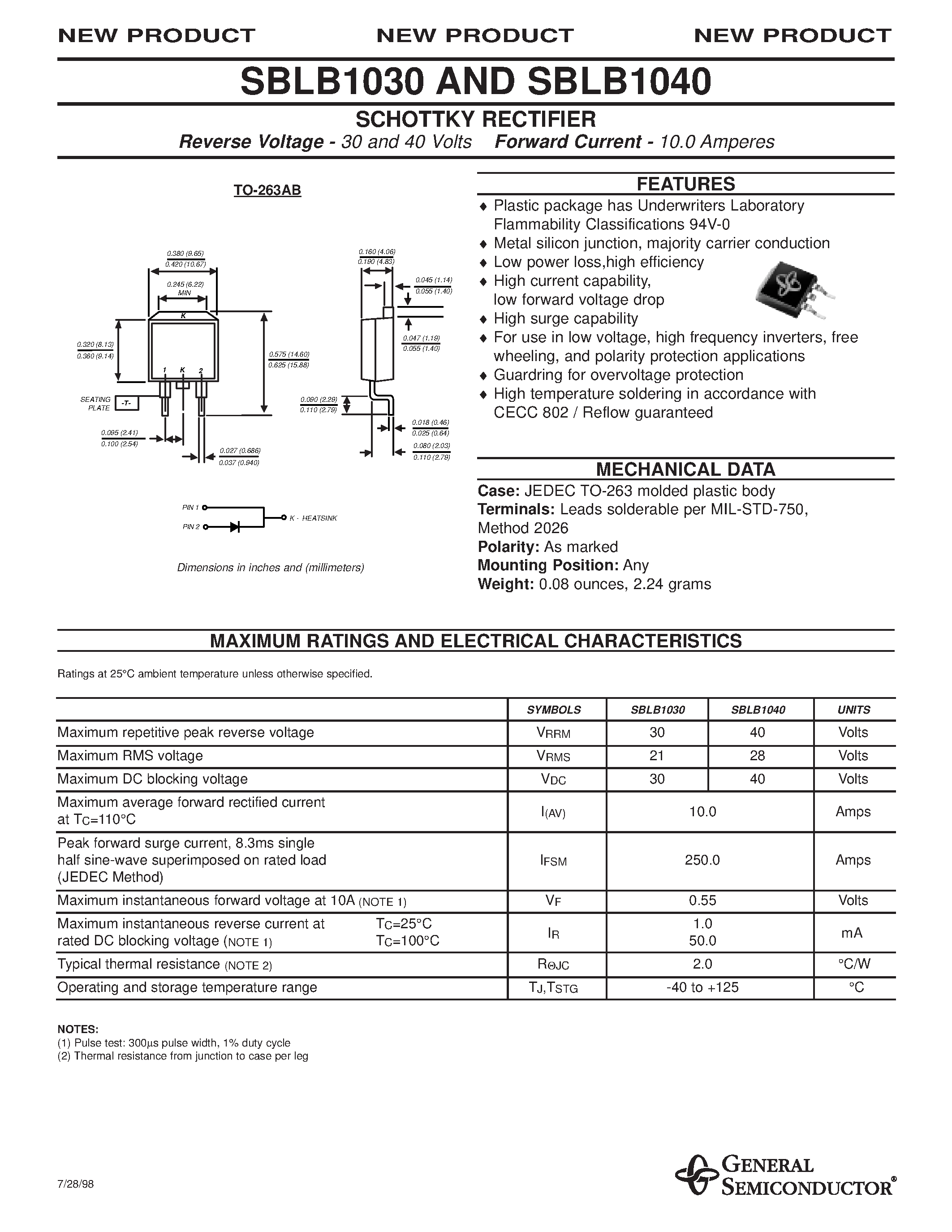 Datasheet SBLB1030 page 1 Datasheet SBLB1030 - SCHOTTKY RECTIFIER page 1