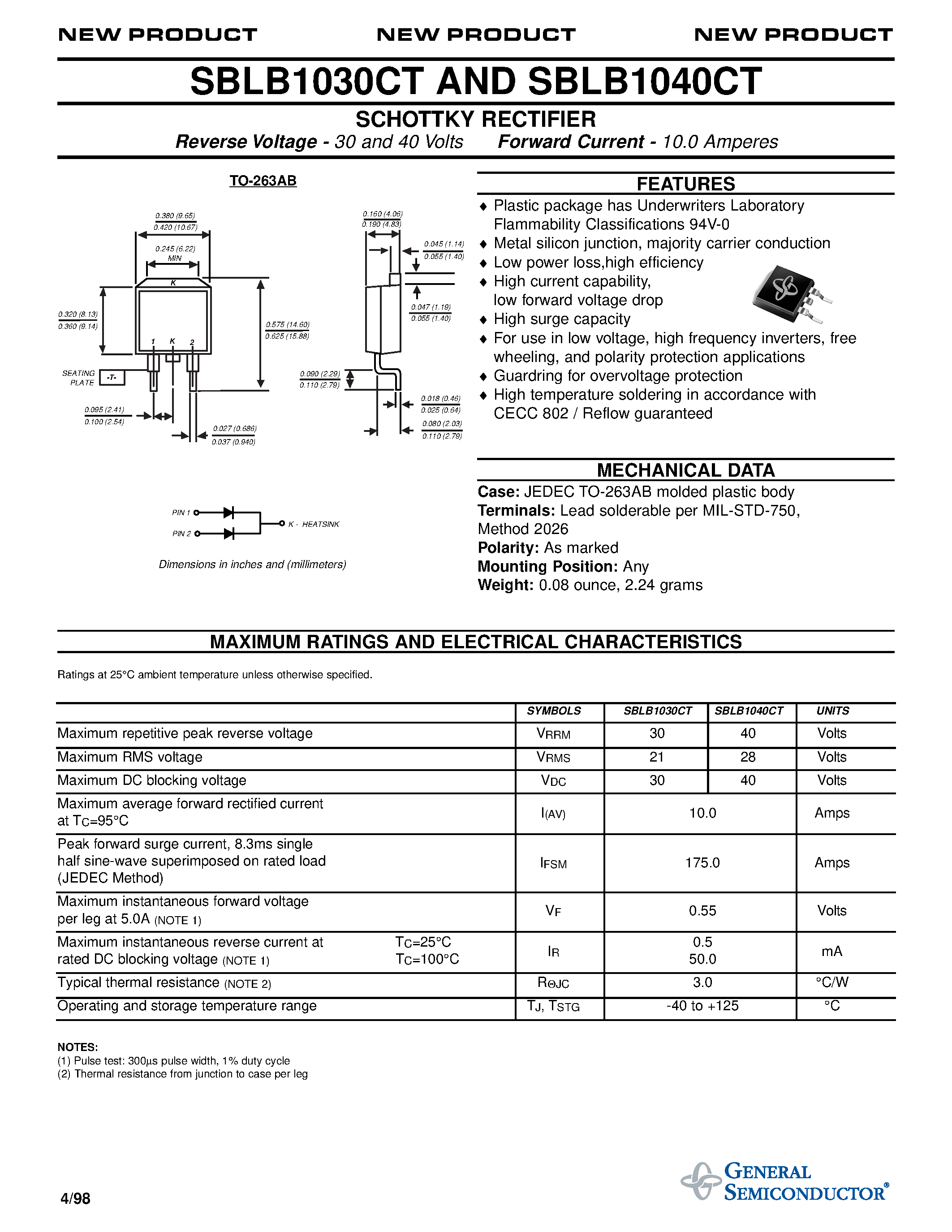 Datasheet SBLB1030CT page 1 Datasheet SBLB1030CT - SCHOTTKY RECTIFIER page 1