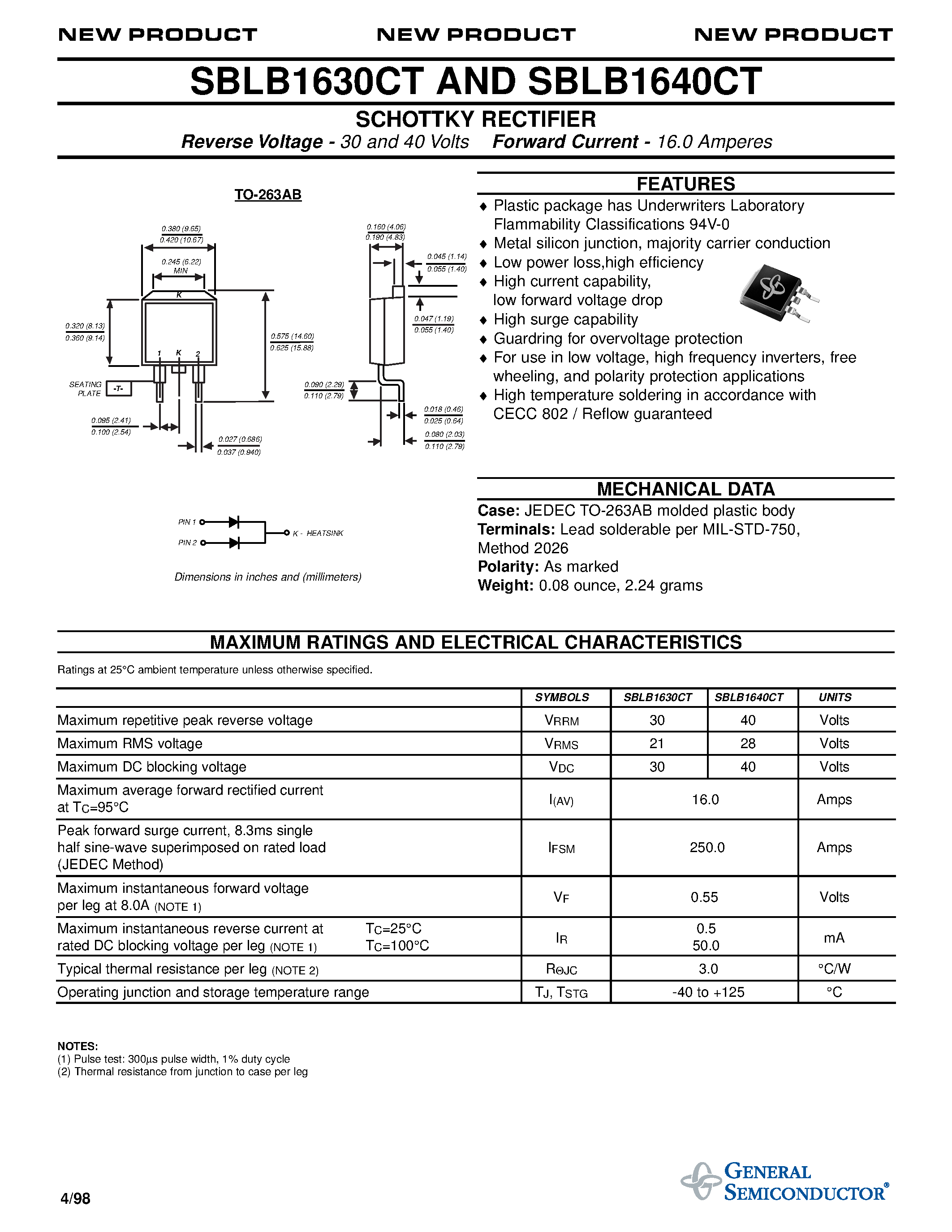 Datasheet SBLB1630CT page 1 Datasheet SBLB1630CT - SCHOTTKY RECTIFIER page 1