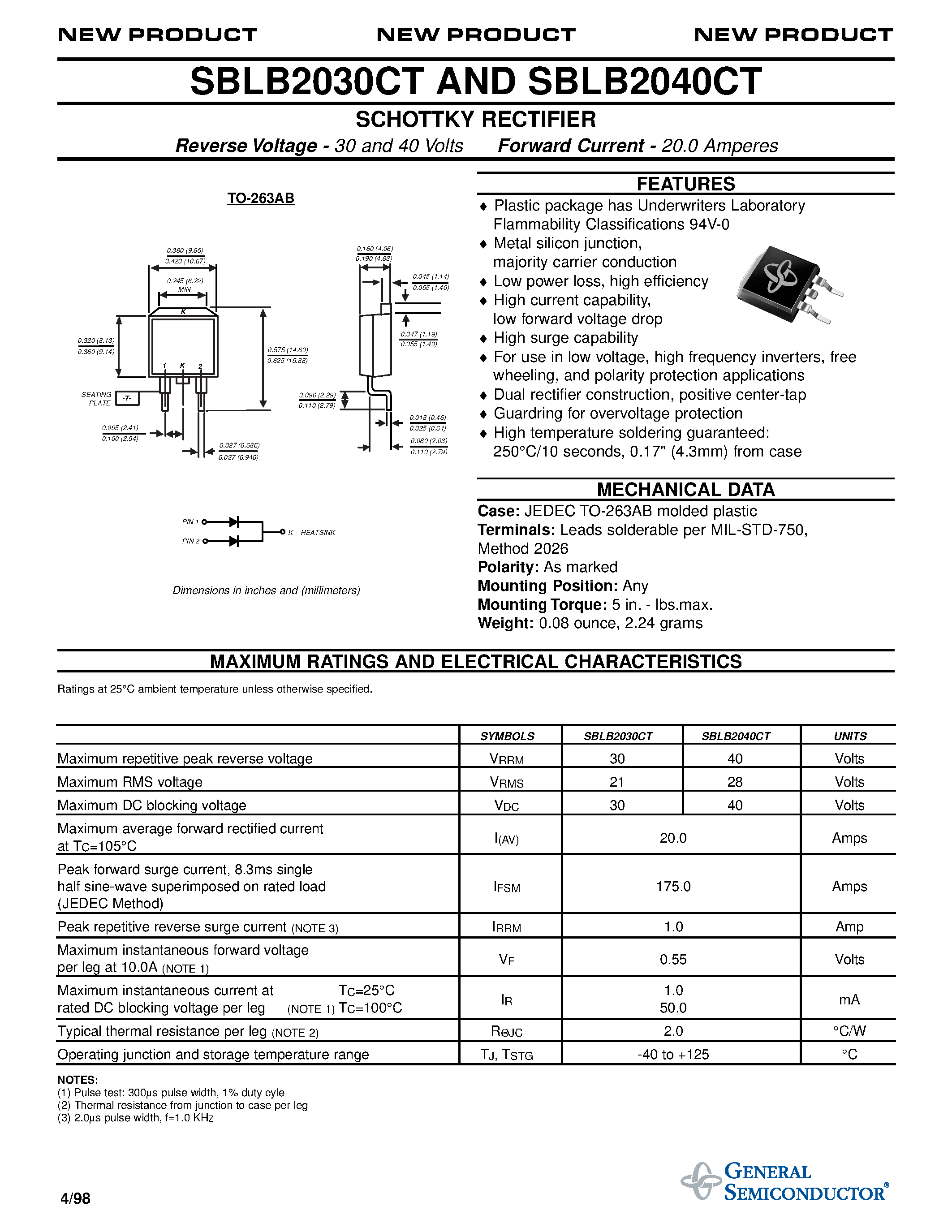 Datasheet SBLB2030CT page 1 Datasheet SBLB2030CT - SCHOTTKY RECTIFIER page 1