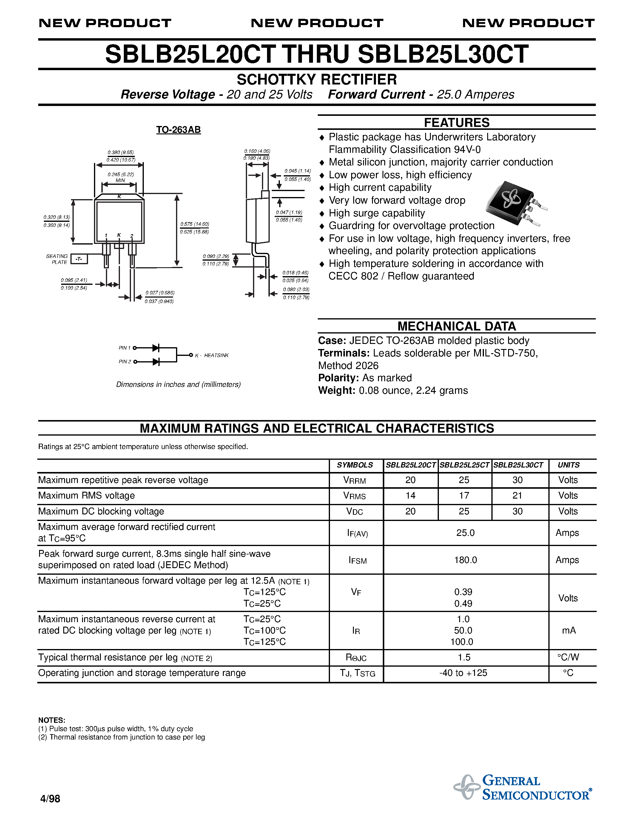 Datasheet SBLB25L30CT page 1 Datasheet SBLB25L30CT - SCHOTTKY RECTIFIER page 1