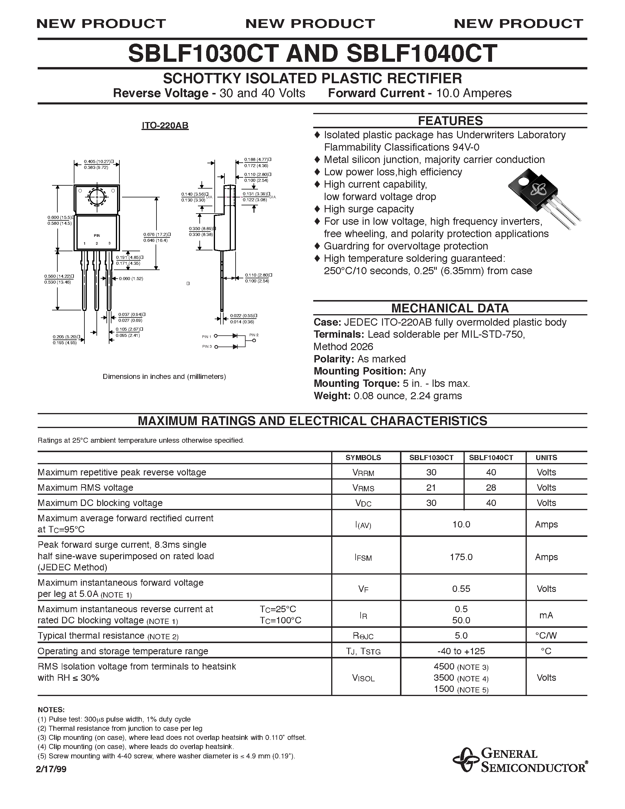 Datasheet SBLF1030CT - SCHOTTKY ISOLATED PLASTIC RECTIFIER page 1