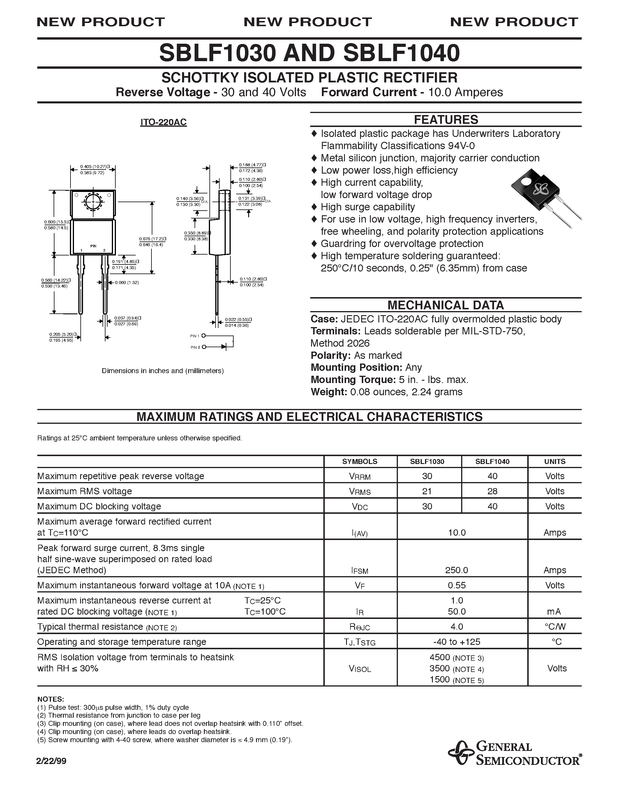 Datasheet SBLF1040 page 1 Datasheet SBLF1040 - SCHOTTKY ISOLATED PLASTIC RECTIFIER page 1