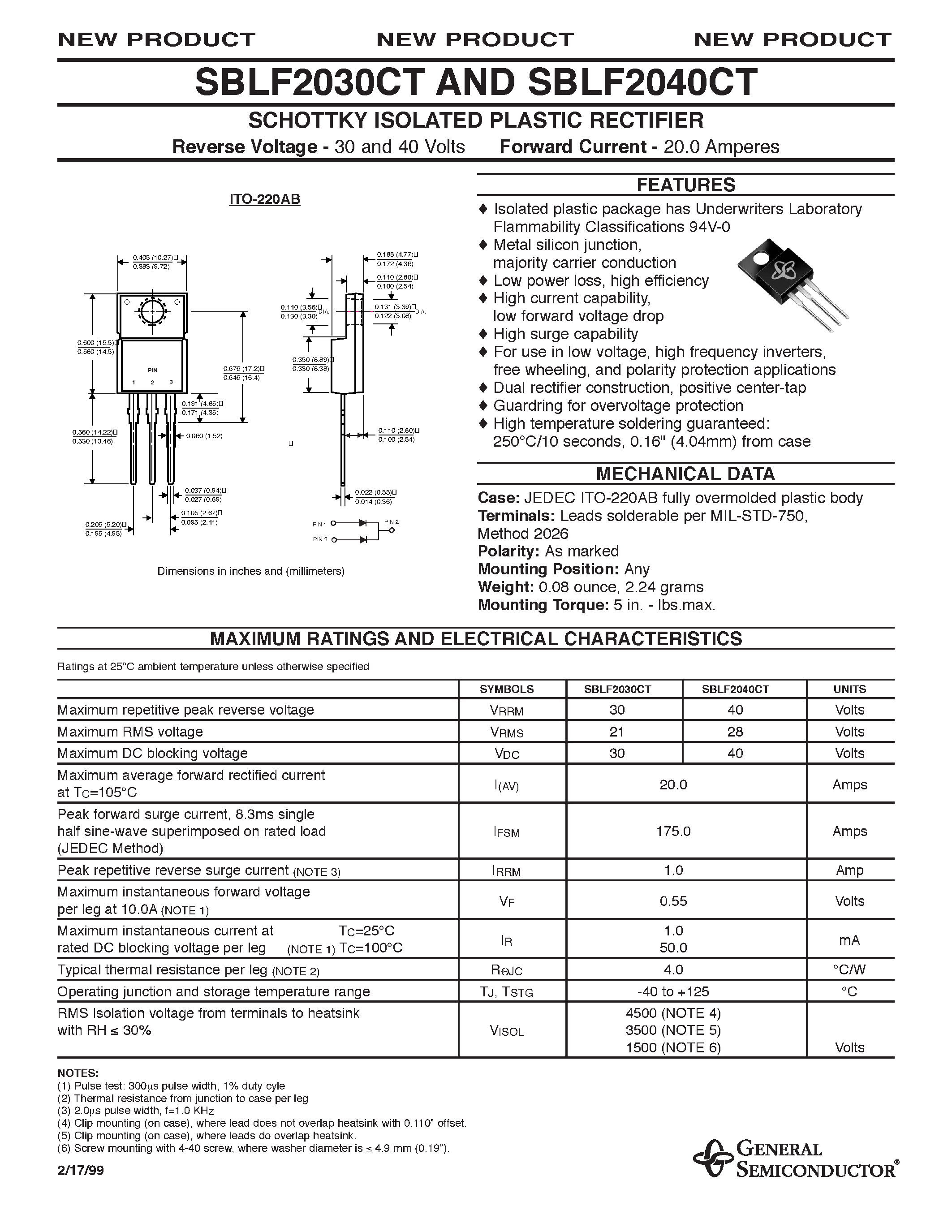Datasheet SBLF2040CT page 1 Datasheet SBLF2040CT - SCHOTTKY ISOLATED PLASTIC RECTIFIER page 1