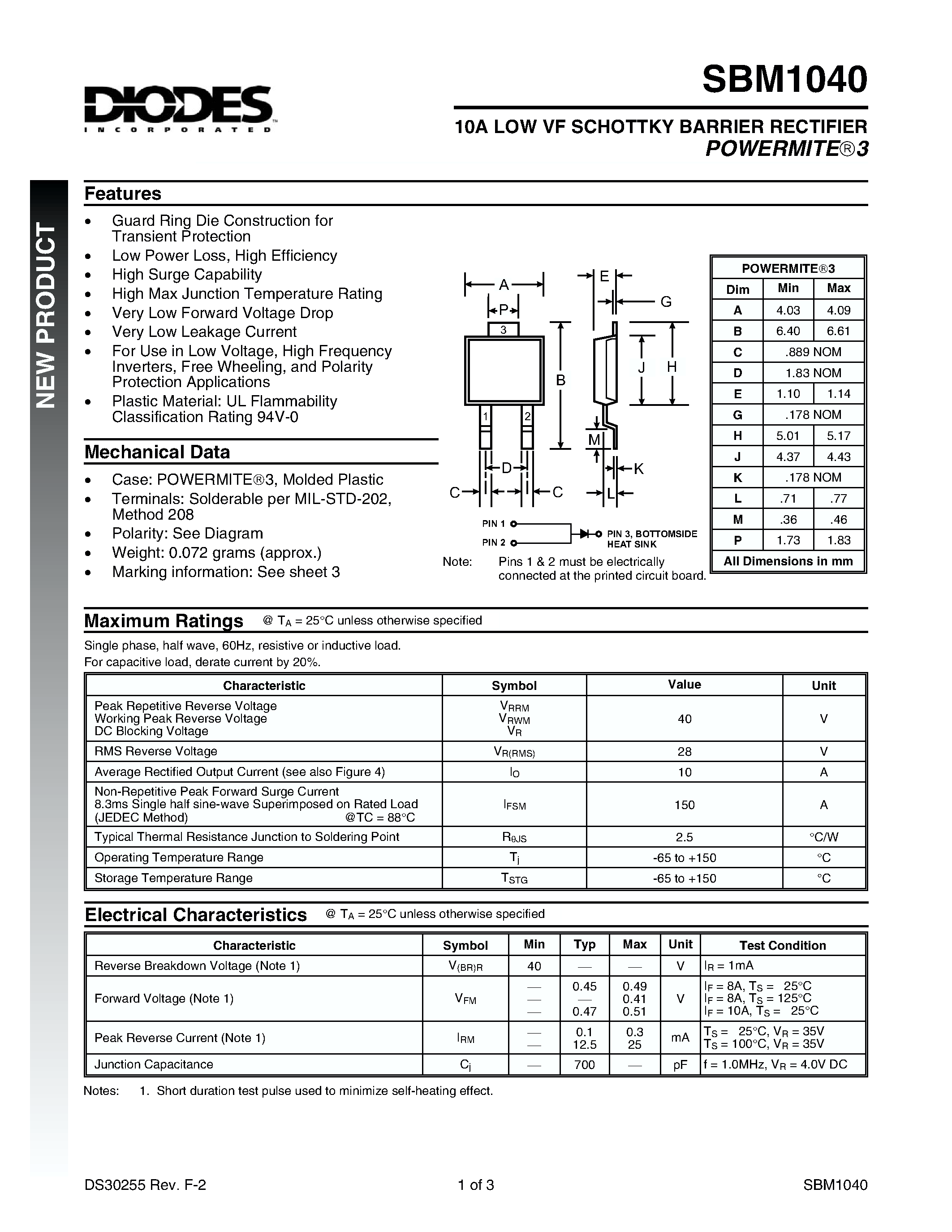 Datasheet SBM1040 - 10A LOW VF SCHOTTKY BARRIER RECTIFIER page 1