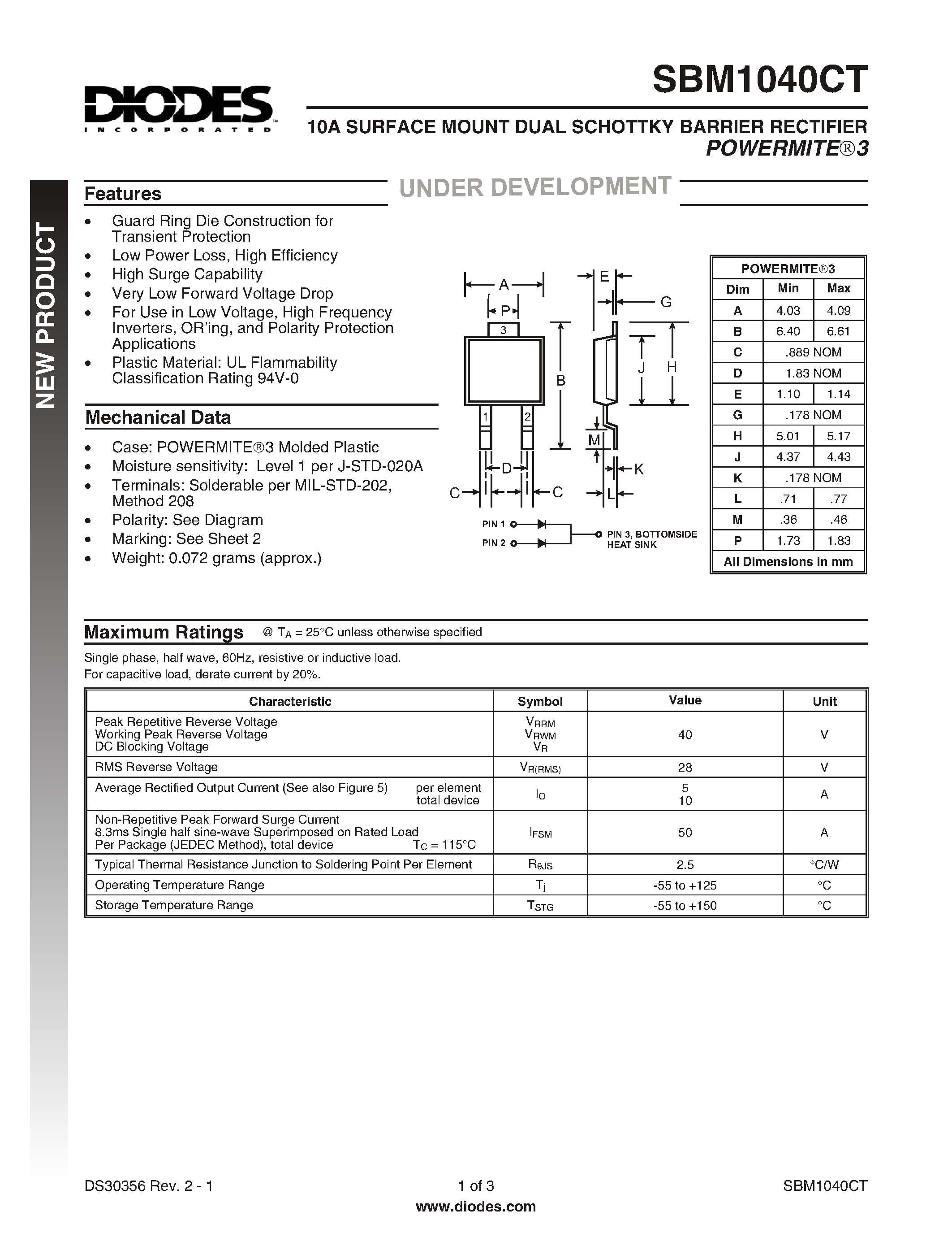 Datasheet SBM1040CT-13 page 1 Datasheet SBM1040CT-13 - 10A SURFACE MOUNT DUAL SCHOTTKY BARRIER RECTIFIER page 1