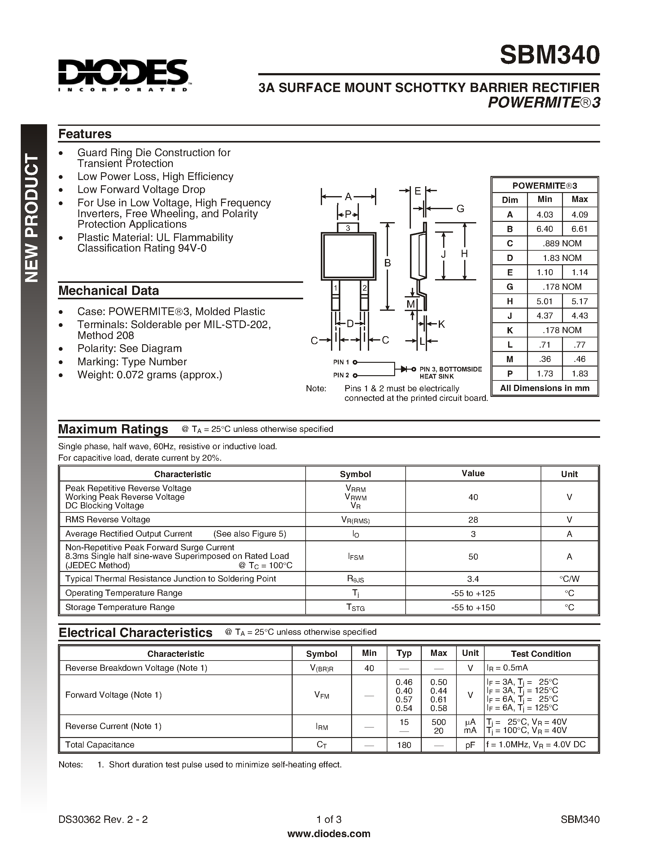 Datasheet SBM340-13 page 1 Datasheet SBM340-13 - 3A SURFACE MOUNT SCHOTTKY BARRIER RECTIFIER POWERMITE3 page 1