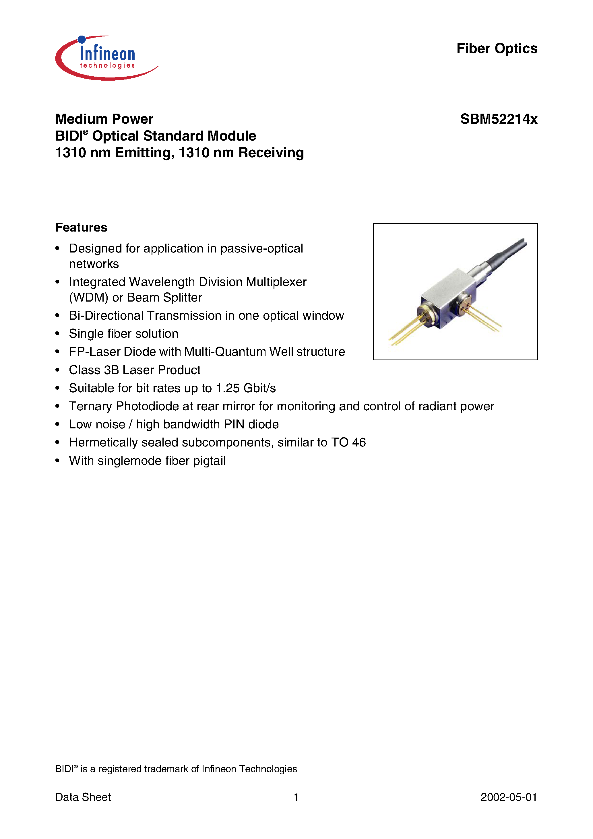 Даташит на микросхему SBM51414G страница 1 Даташит SBM51414G - Medium Power BIDI Optical Standard Module 1310 nm Emitting/ 1550 nm Receiving страница 1