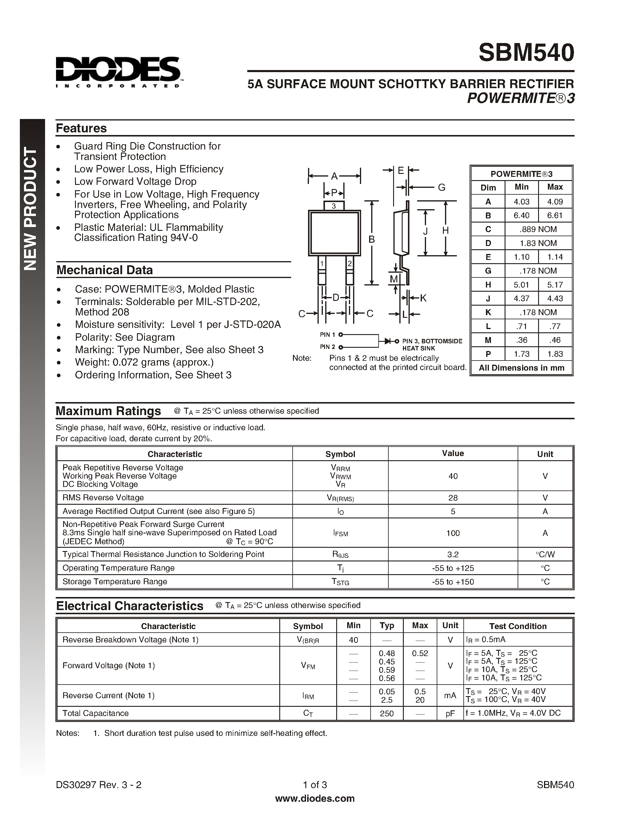 Datasheet SBM540 - 5A SURFACE MOUNT SCHOTTKY BARRIER RECTIFIER page 1