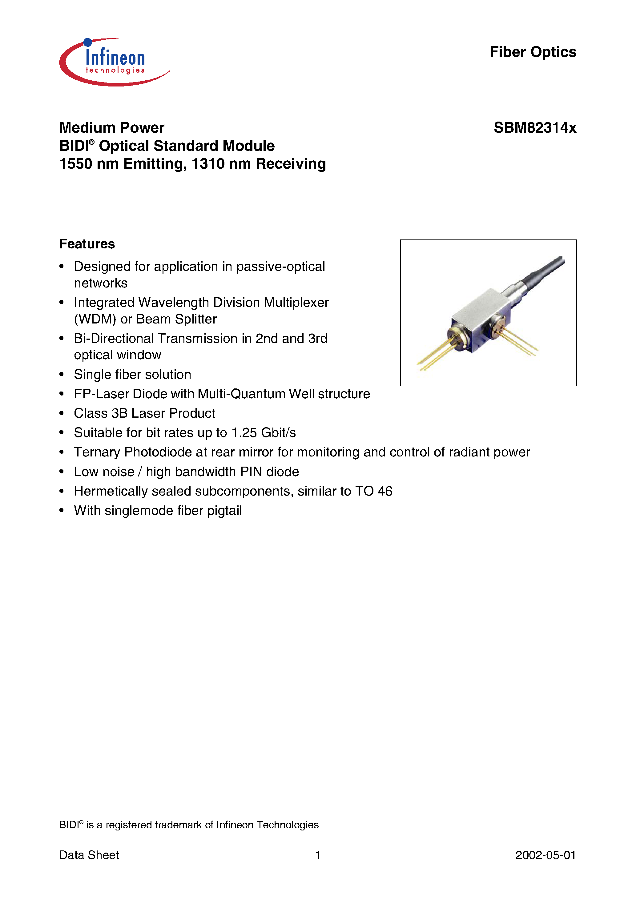Даташит на микросхему SBM82314Z страница 1 Даташит SBM82314Z - Medium Power BIDI Optical Standard Module 1550 nm Emitting/ 1310 nm Receiving страница 1