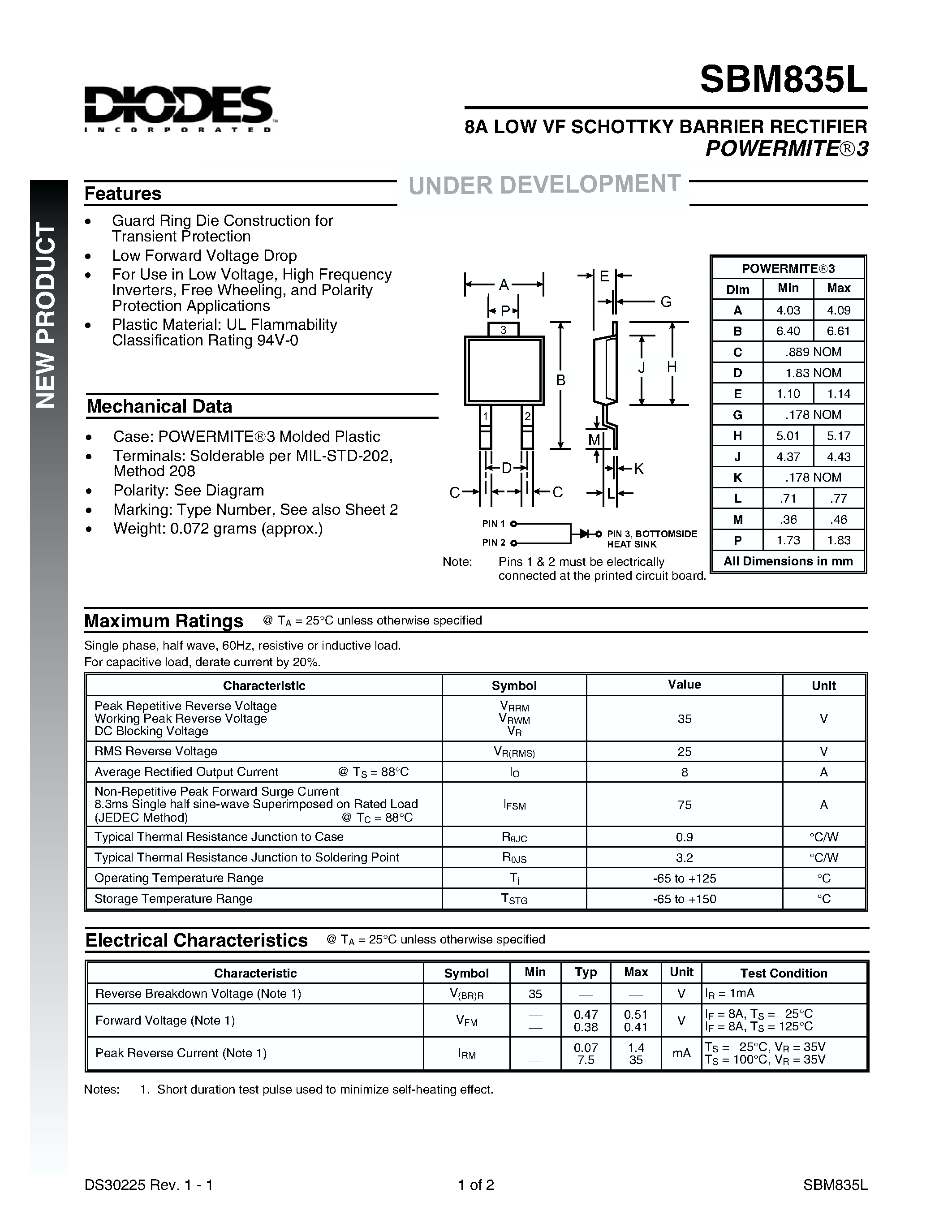 Datasheet SBM835L-13 page 1 Datasheet SBM835L-13 - 8A LOW VF SCHOTTKY BARRIER RECTIFIER page 1