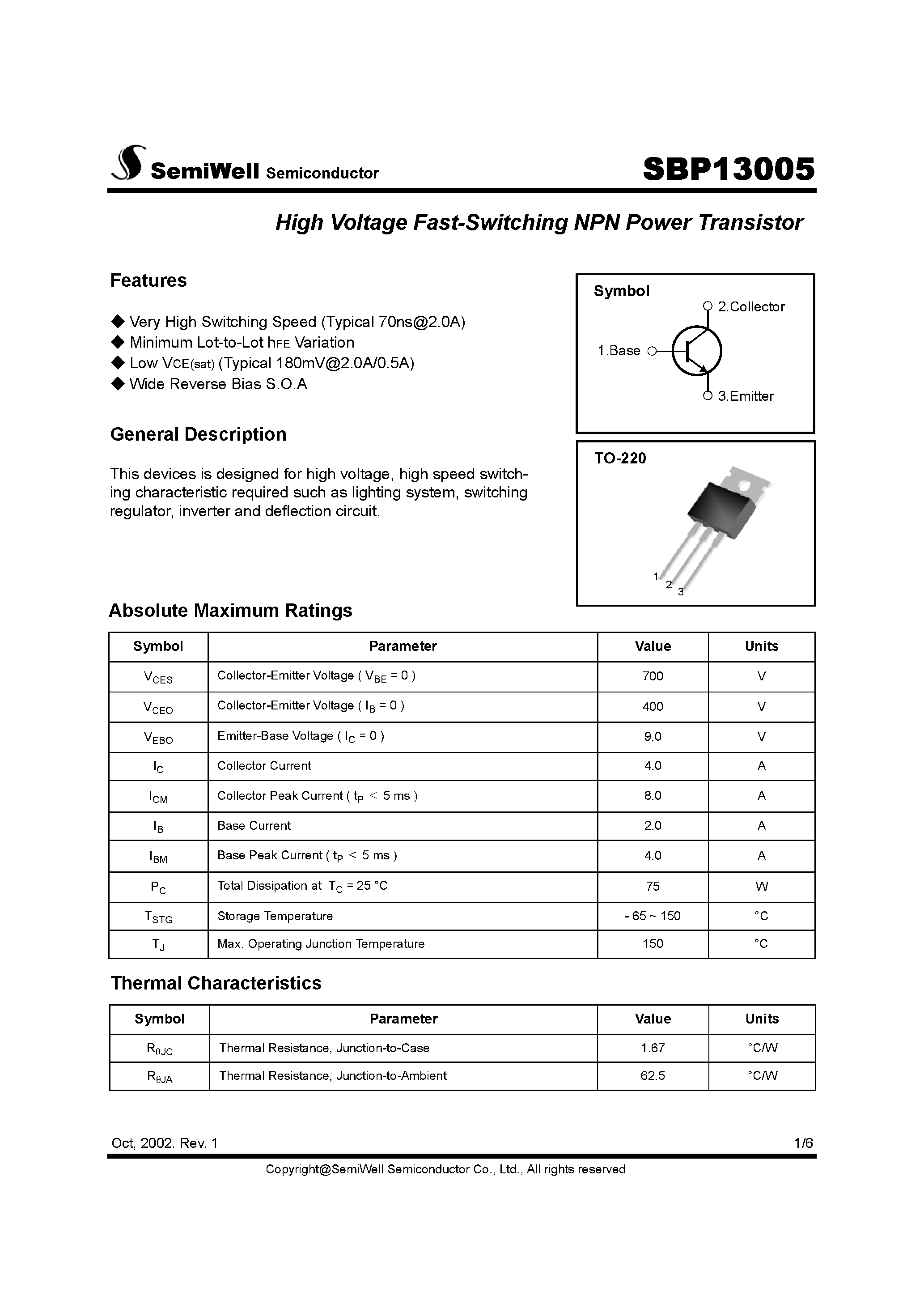 Datasheet SBP13005 page 1 Datasheet SBP13005 - High Voltage Fast-Switching NPN Power Transistor page 1