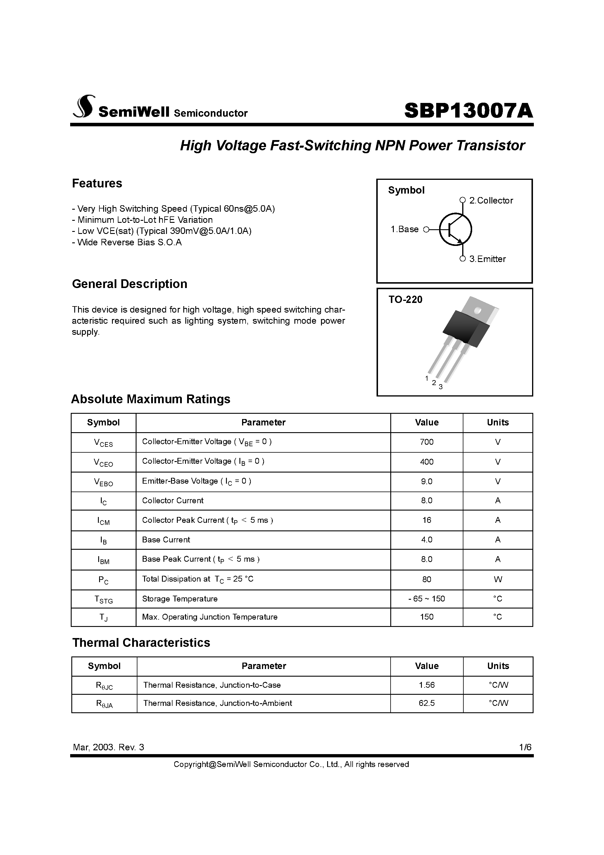 Datasheet SBP13007A page 1 Datasheet SBP13007A - High Voltage Fast-Switching NPN Power Transistor page 1