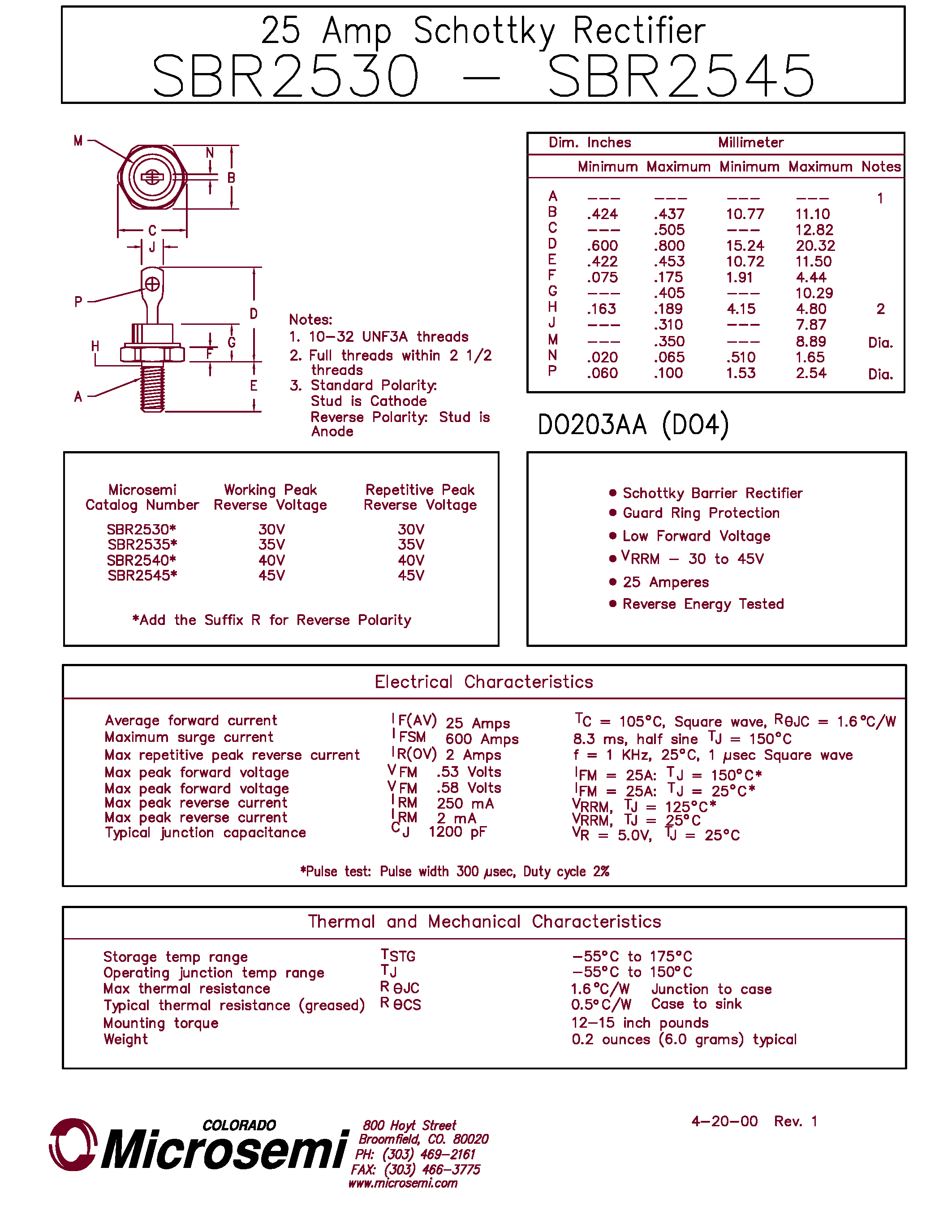 Datasheet SBR2530 page 1 Datasheet SBR2530 - 25 Amp Schottky Rectifier page 1