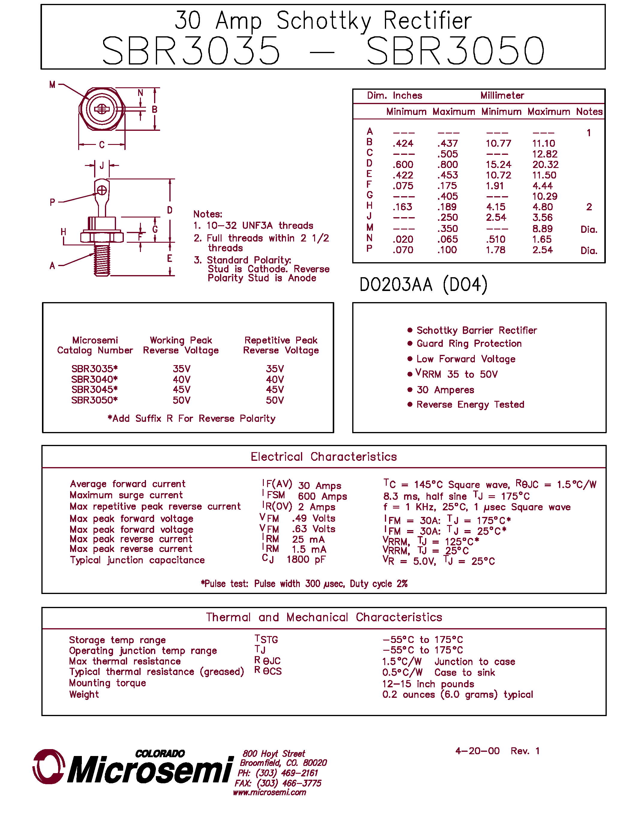 Datasheet SBR3050 - 30 Amp Schottky Rectifier page 1