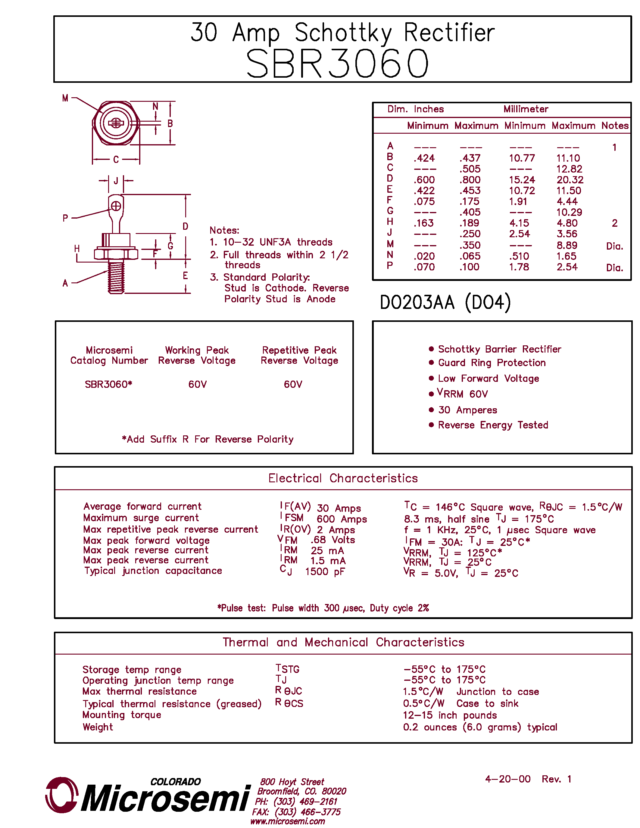 Datasheet SBR3060 - 30 Amp Schottky Rectifier page 1