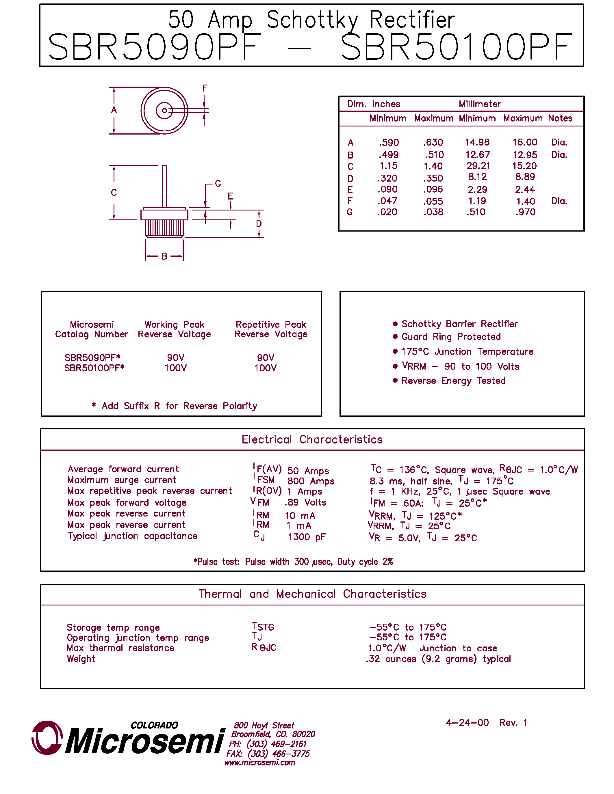 Datasheet SBR50100PF - 50 Amp Schottky Rectifier page 1