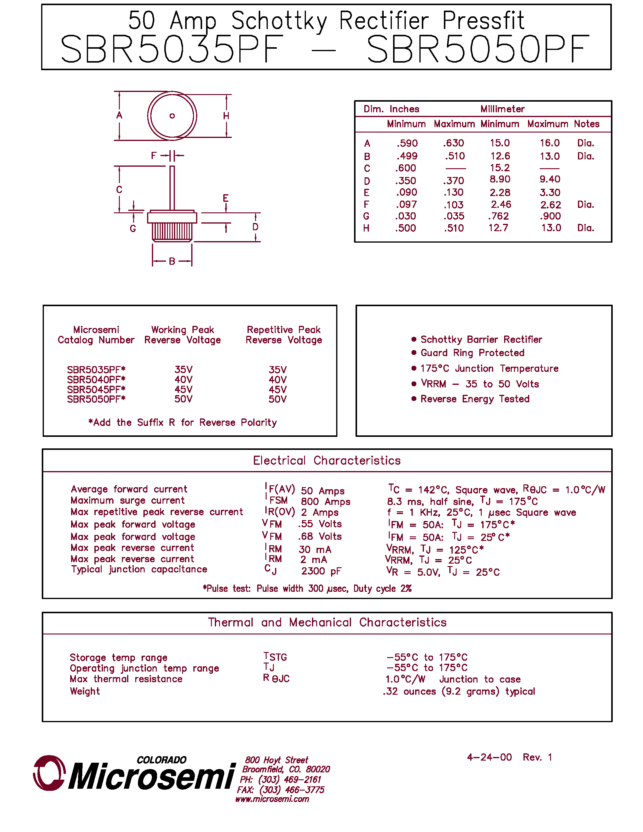 Datasheet SBR5050PF - 50 Amp Schottky Rectifier Pressfit page 1