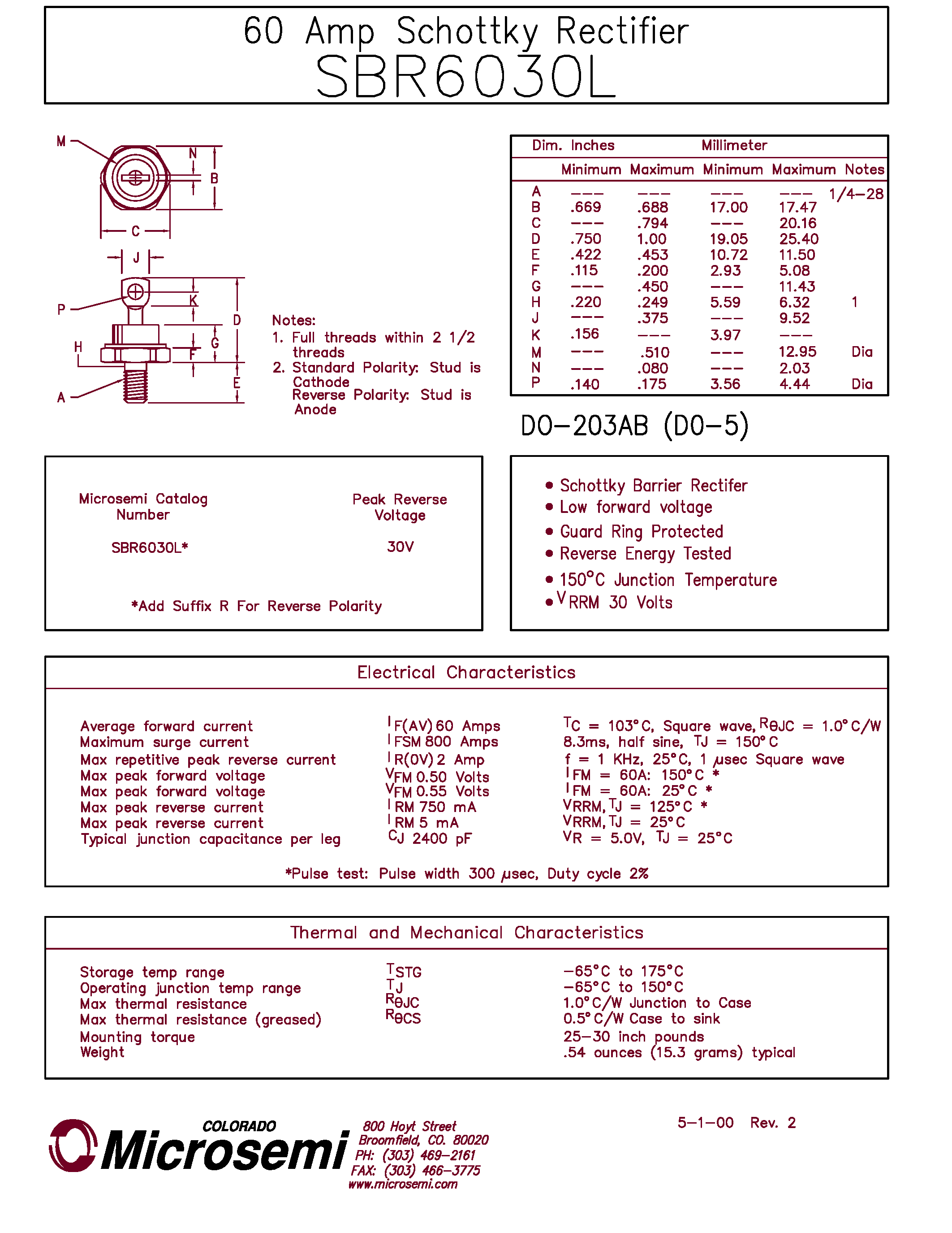 Datasheet SBR6030L page 1 Datasheet SBR6030L - 60 Amp Schottky Rectifier page 1