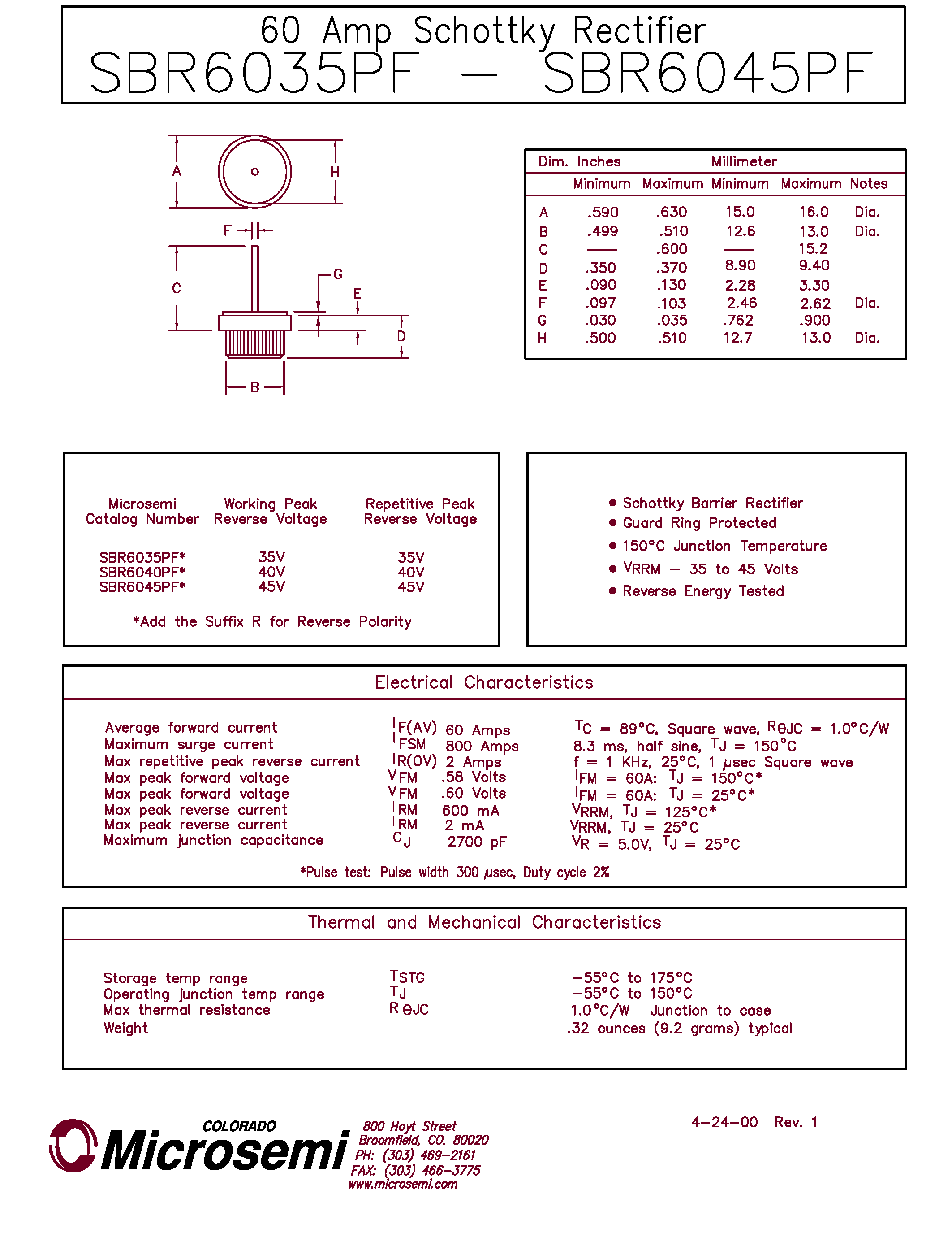 Datasheet SBR6045PF - 60 Amp Schottky Rectifier page 1