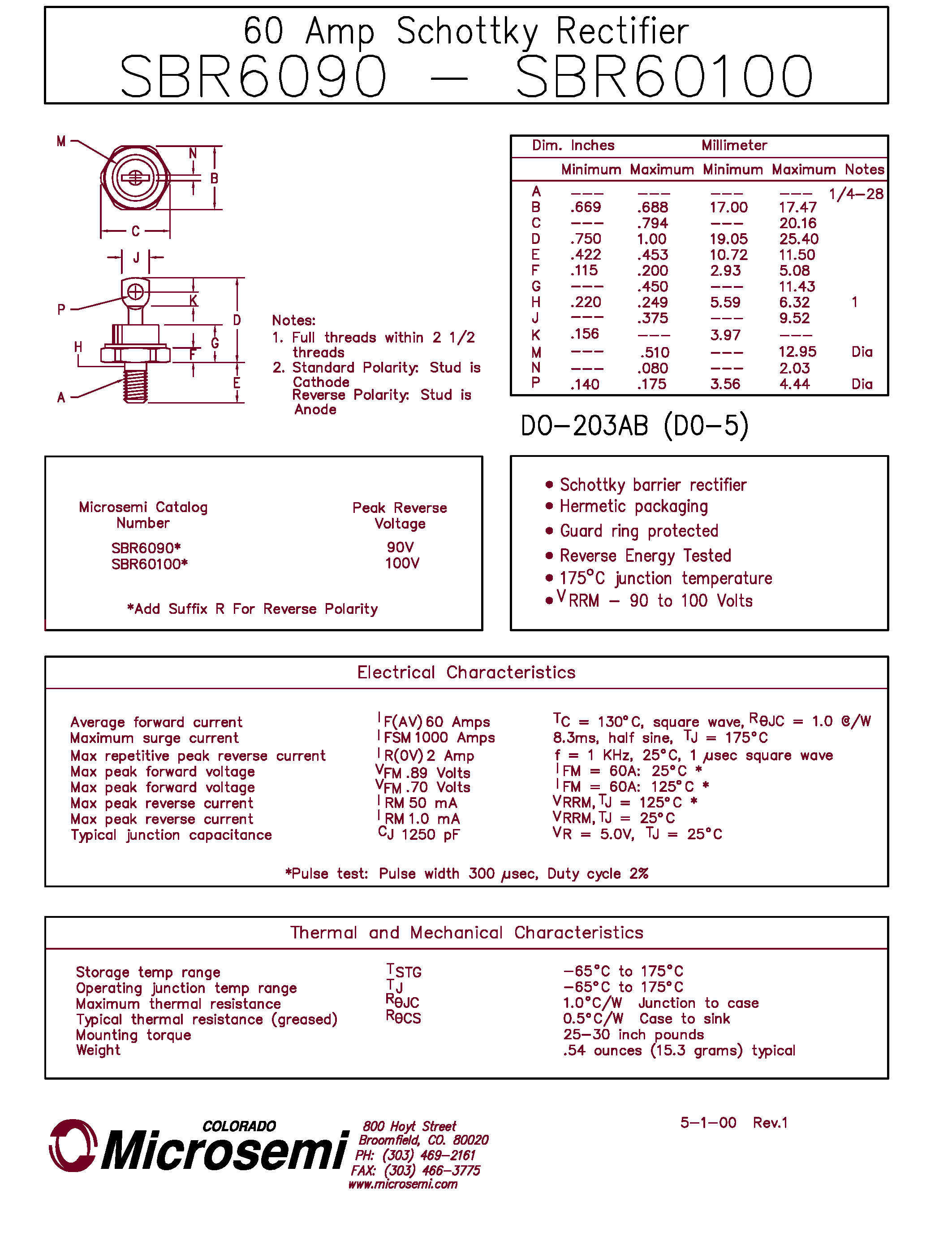 Datasheet SBR6090 - 60 Amp Schottky Rectifier page 1
