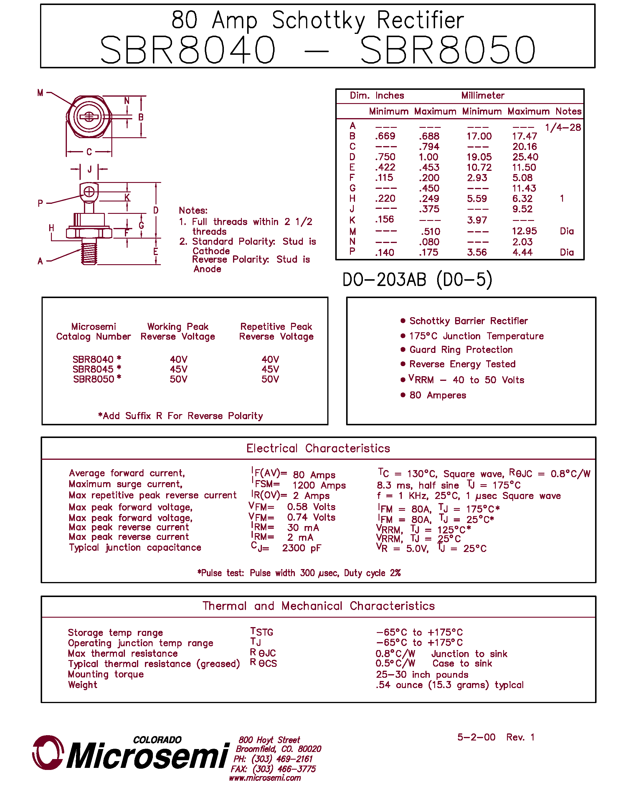 Datasheet SBR8050 page 1 Datasheet SBR8050 - 80 Amp Schottky Rectifier page 1