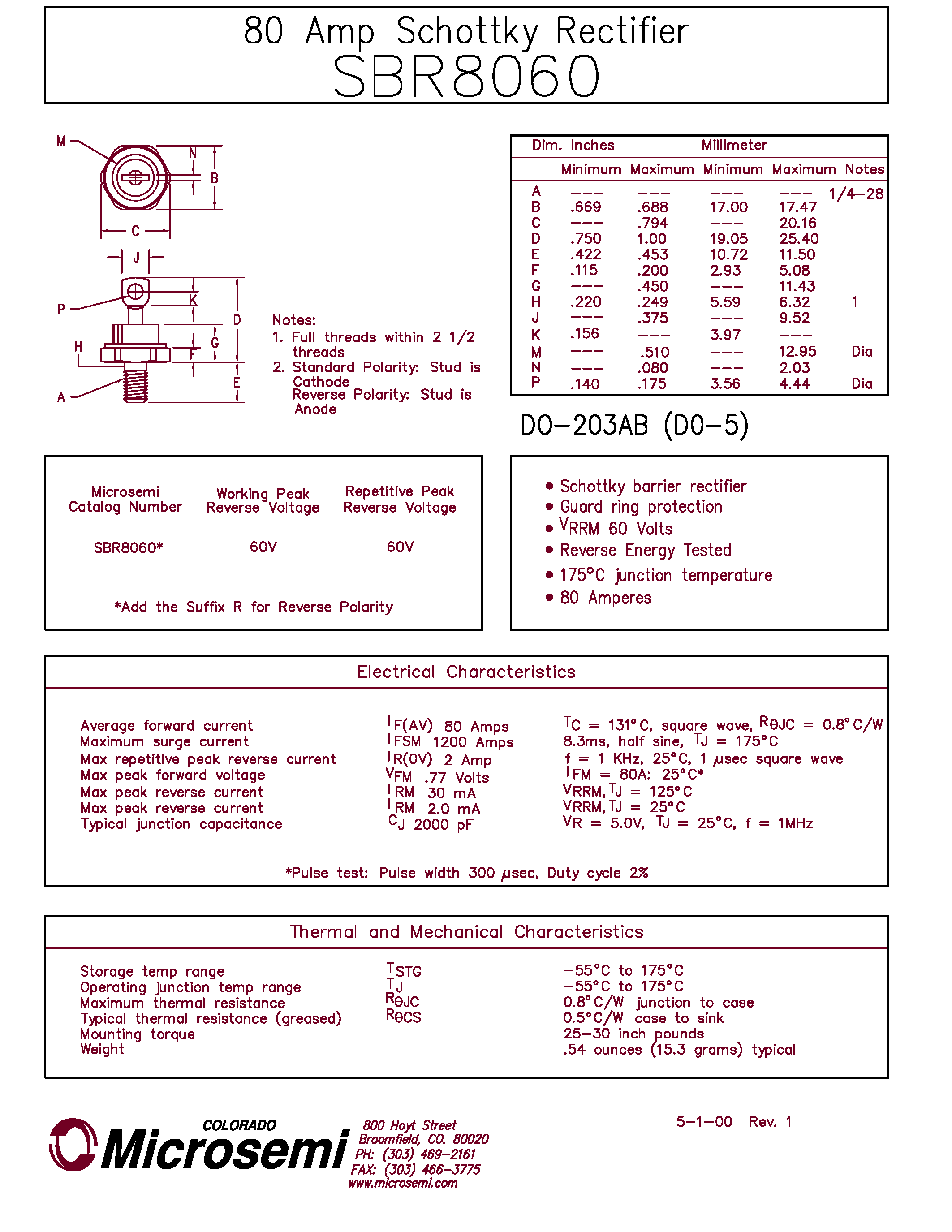 Datasheet SBR8060 page 1 Datasheet SBR8060 - 80 Amp Schottky Rectifier page 1