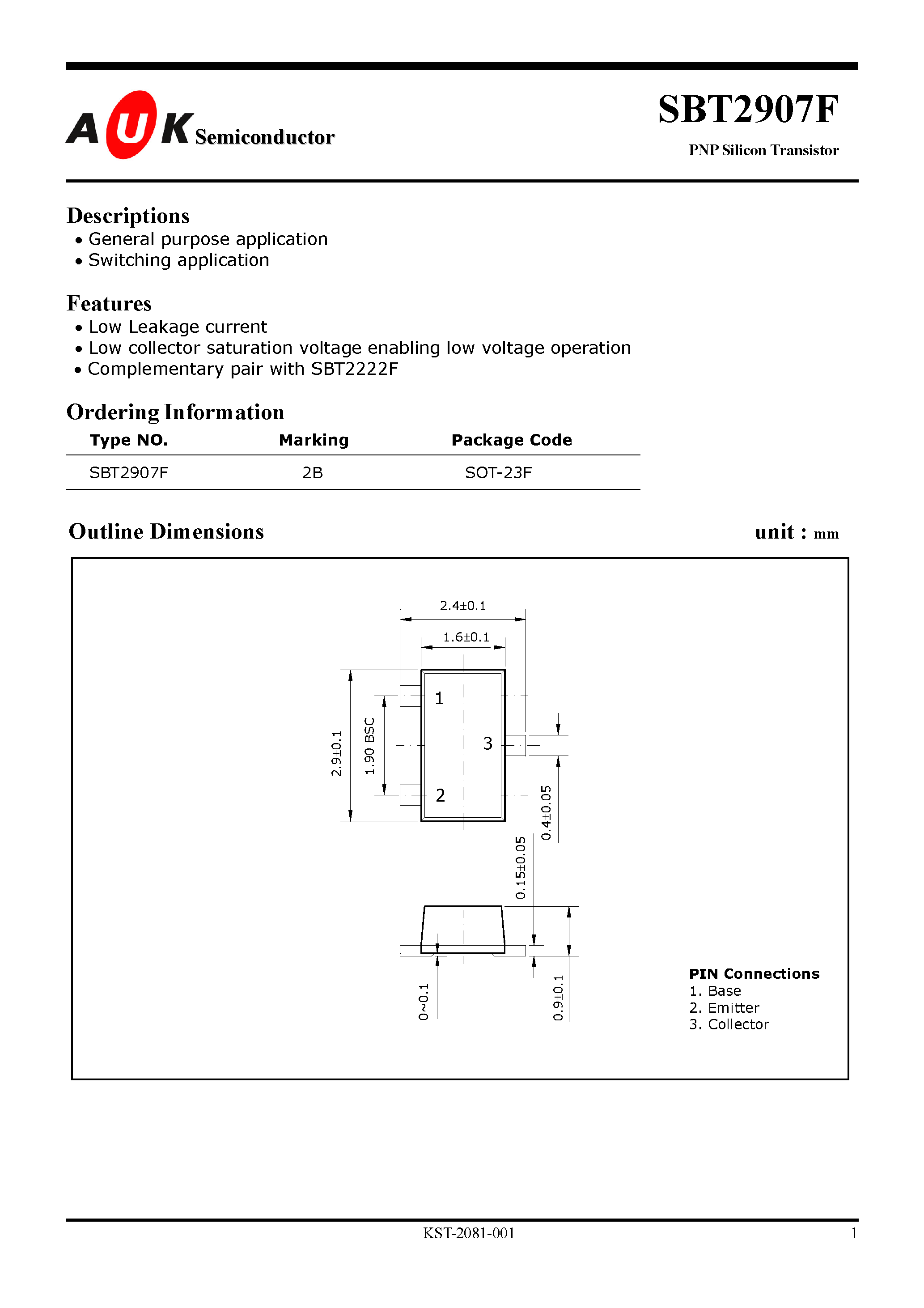 Datasheet SBT2907F page 1 Datasheet SBT2907F - PNP Silicon Transistor (General purpose application Switching application) page 1