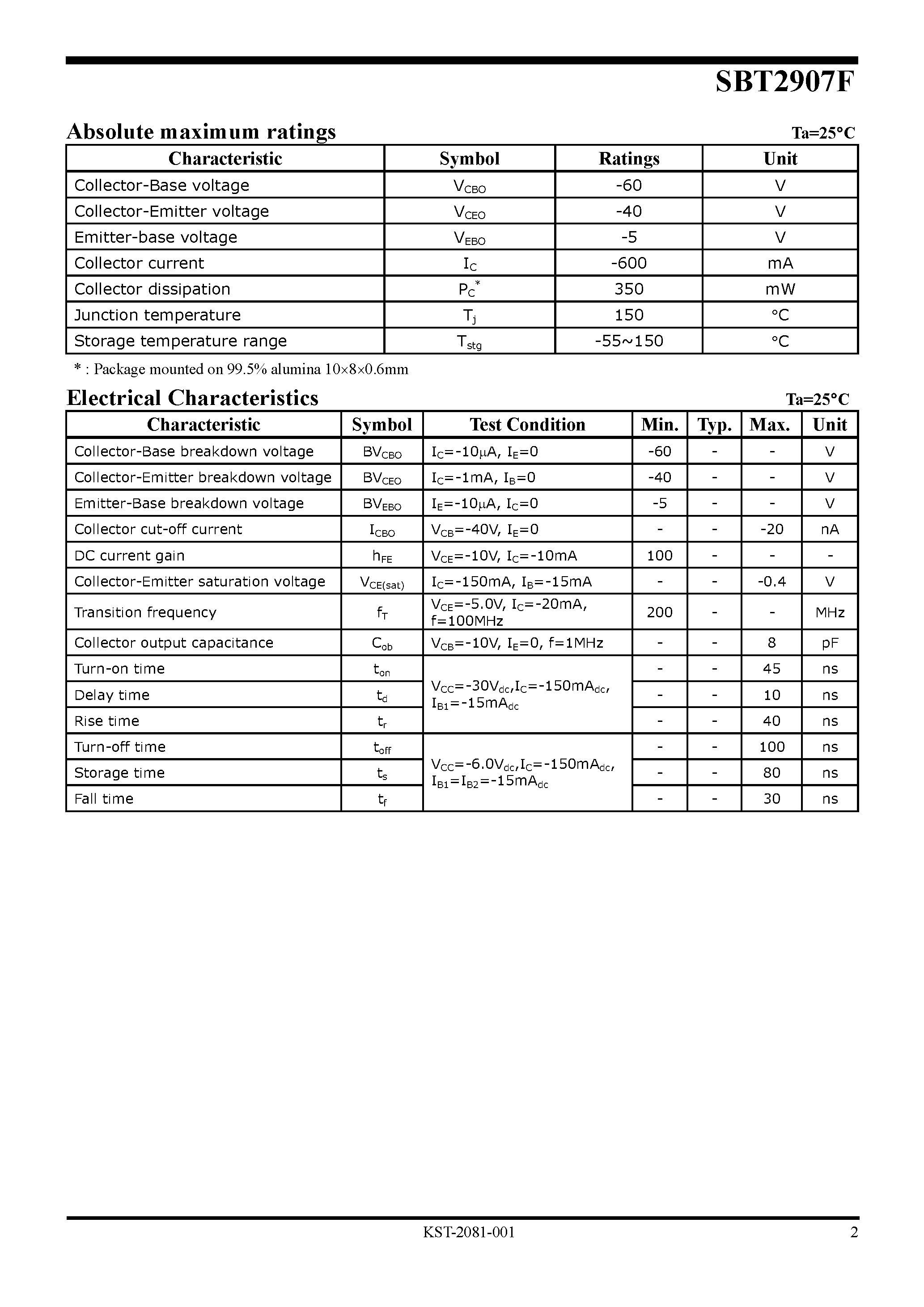Datasheet SBT2907F page 2 Datasheet SBT2907F - PNP Silicon Transistor (General purpose application Switching application) page 2