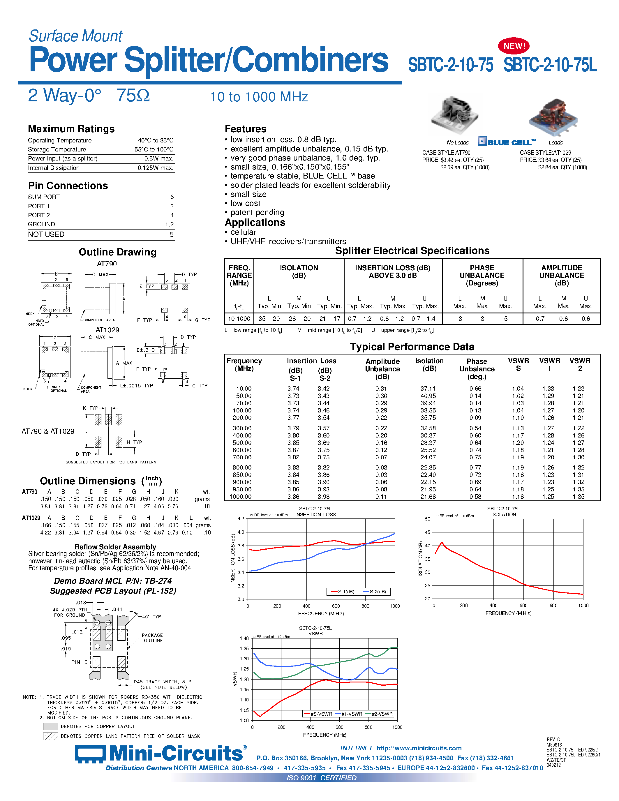Datasheet SBTC-2-10-75_75L - Power Splitter/Combiners 2 Way-0 75 10 to 1000 MHz page 1