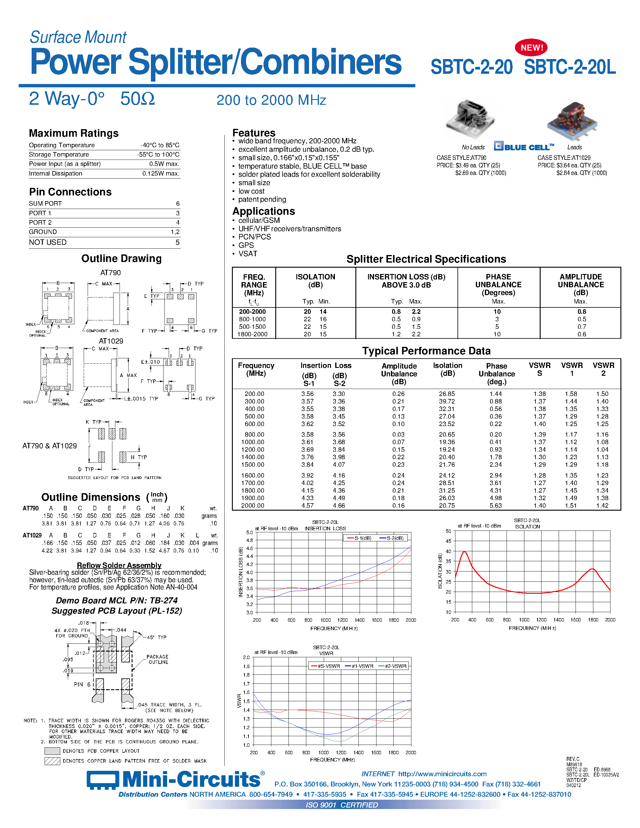 Datasheet SBTC-2-20L - Power Splitter/Combiners 2 Way-0 50 200 to 2000 MHz page 1