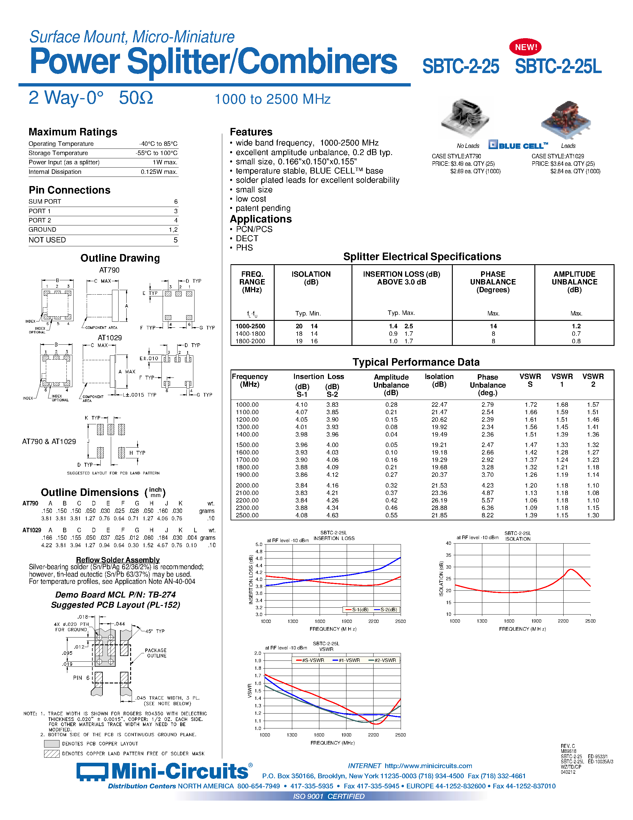 Datasheet SBTC-2-25 - Power Splitter/Combiners 2 Way-0 50 1000 to 2500 MHz page 1