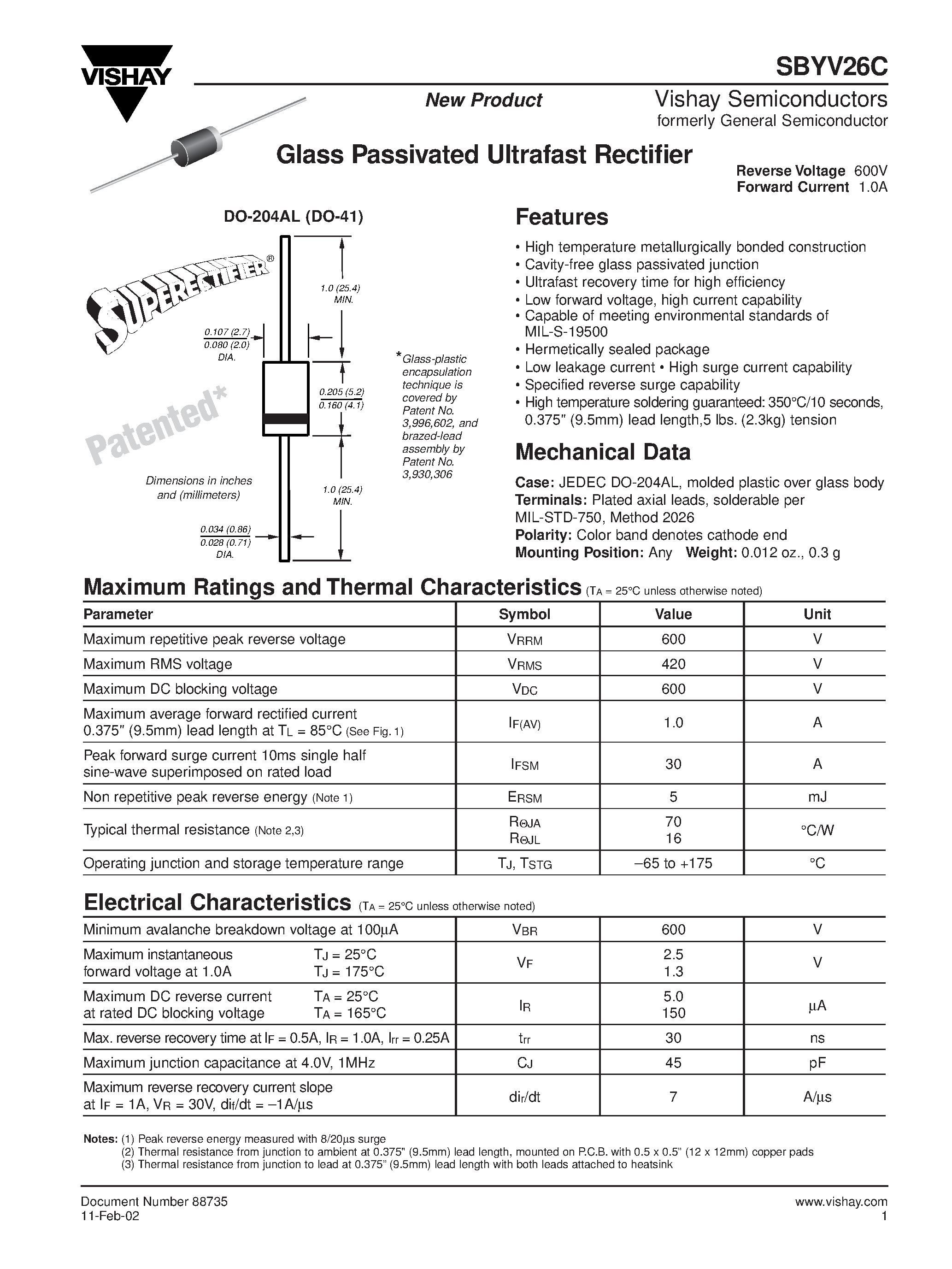 Datasheet SBYV26C - Glass Passivated Ultrafast Rectifier page 1