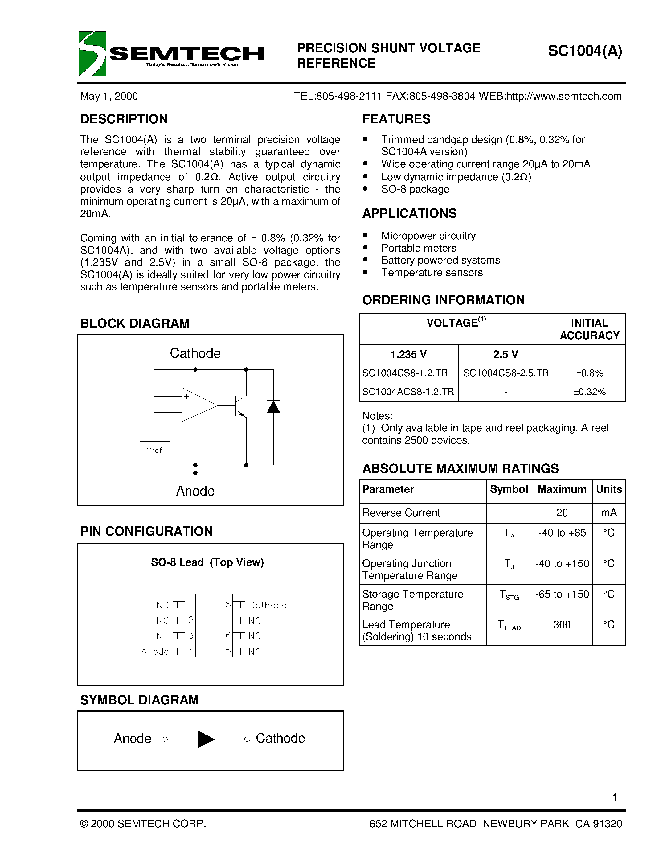 Datasheet SC1004ACS8-1.2.TR page 1 Datasheet SC1004ACS8-1.2.TR - PRECISION SHUNT VOLTAGE REFERENCE page 1