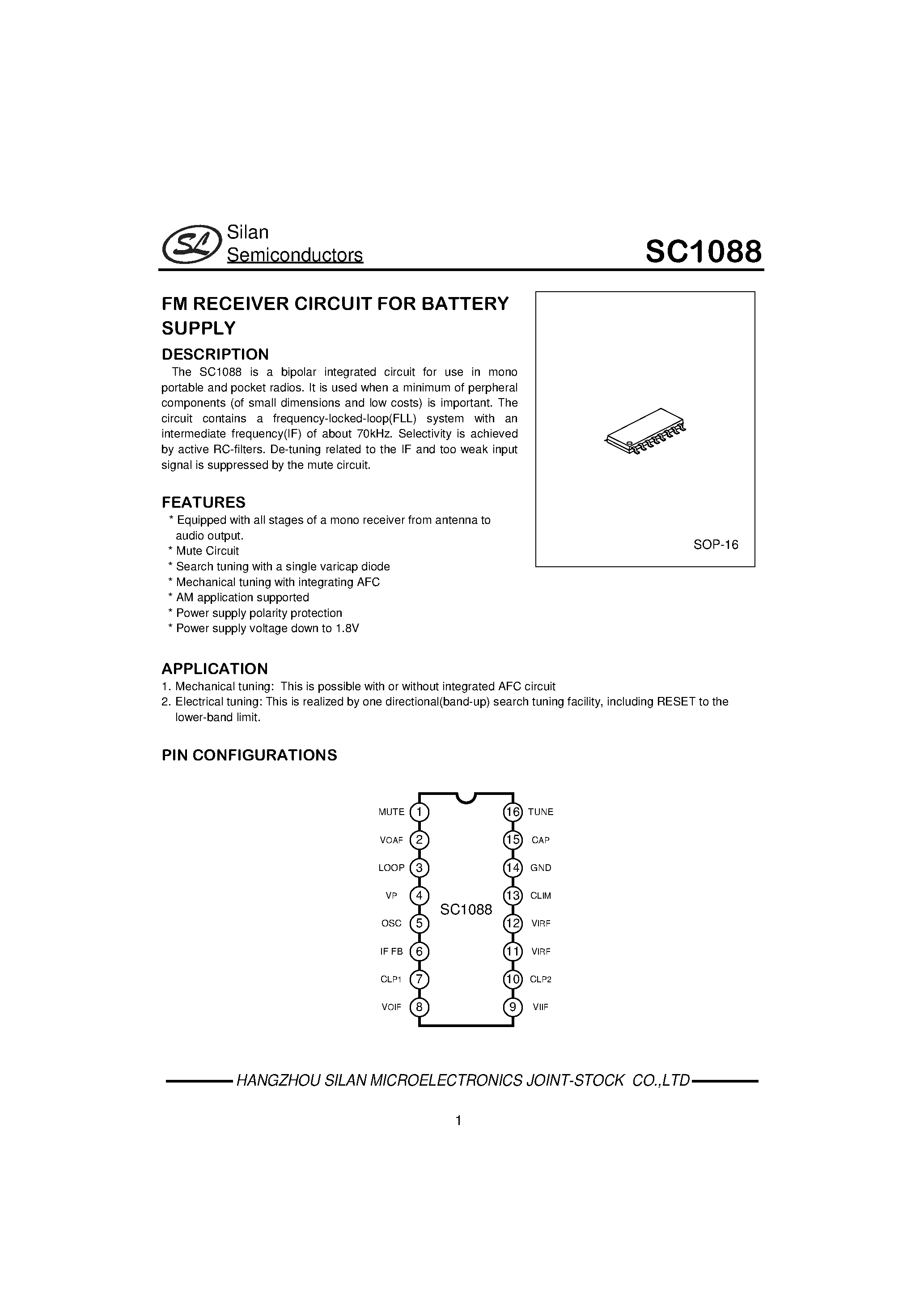 Datasheet SC1088 - FM RECEIVER CIRCUIT FOR BATTERY SUPPLY page 1