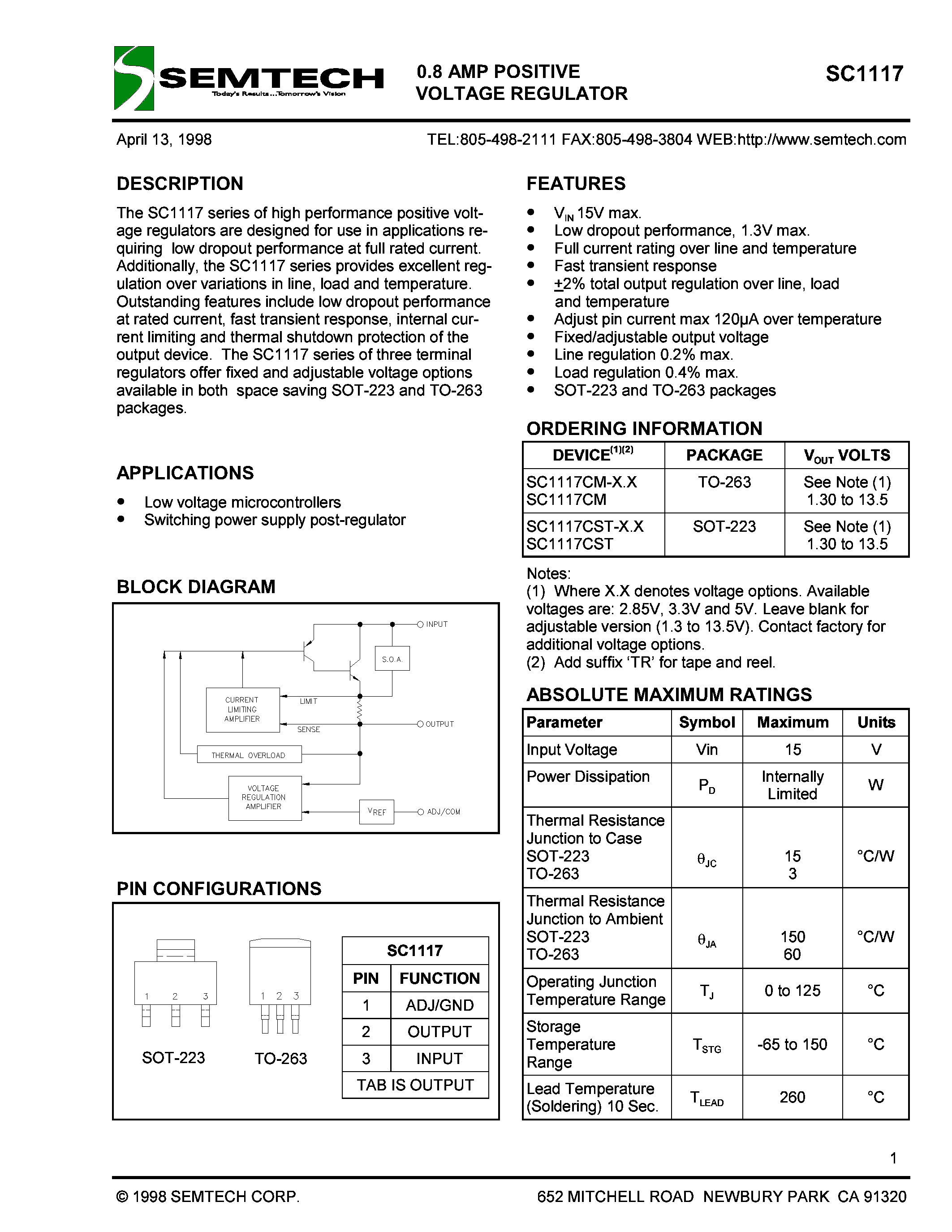 Datasheet SC1117CM - 0.8AMP POSITIVE VOLTAGE REGULATOR page 1