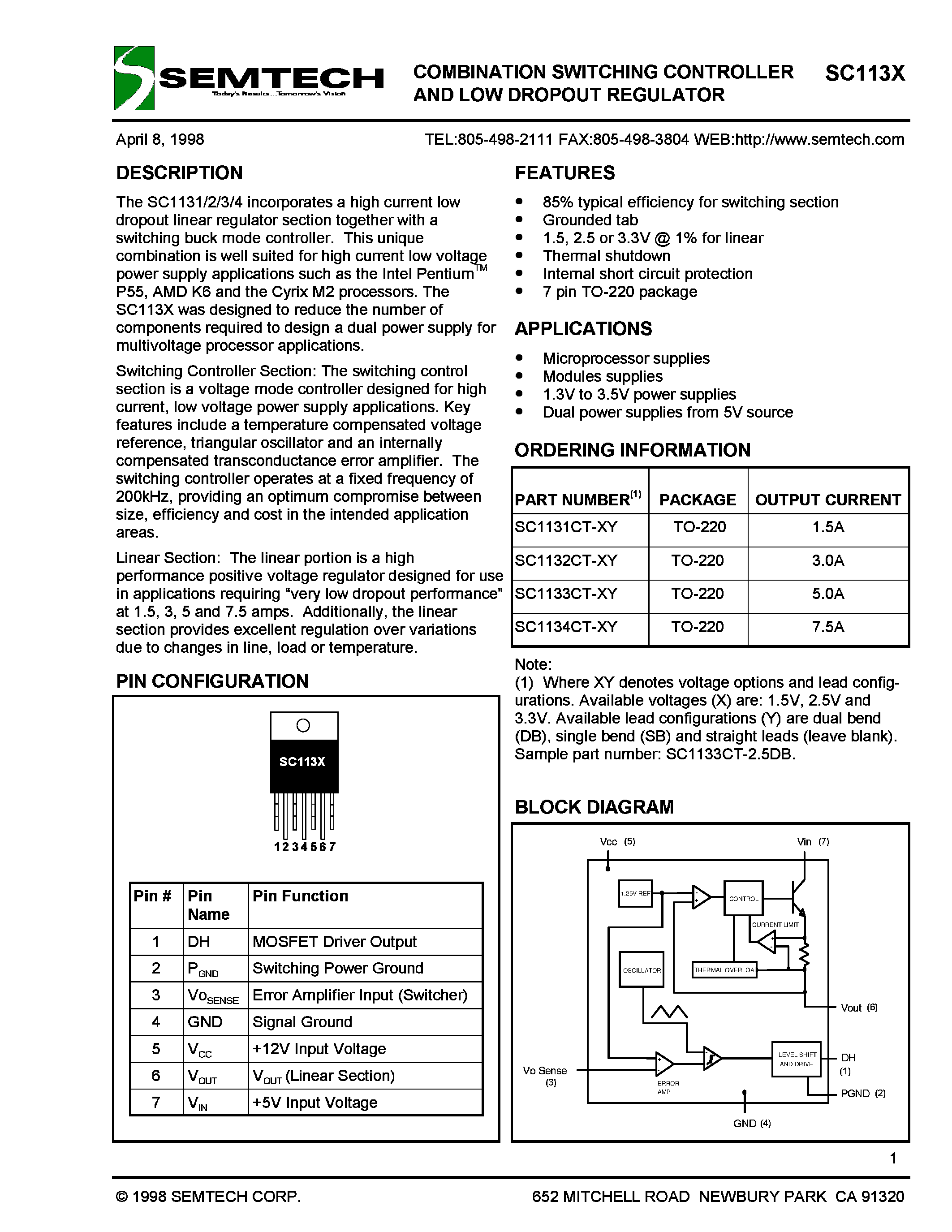 Datasheet SC1134 page 1 Datasheet SC1134 - COMBINATION SWITCHING CONTROLLER AND LOW DROPOUT REGULATOR page 1
