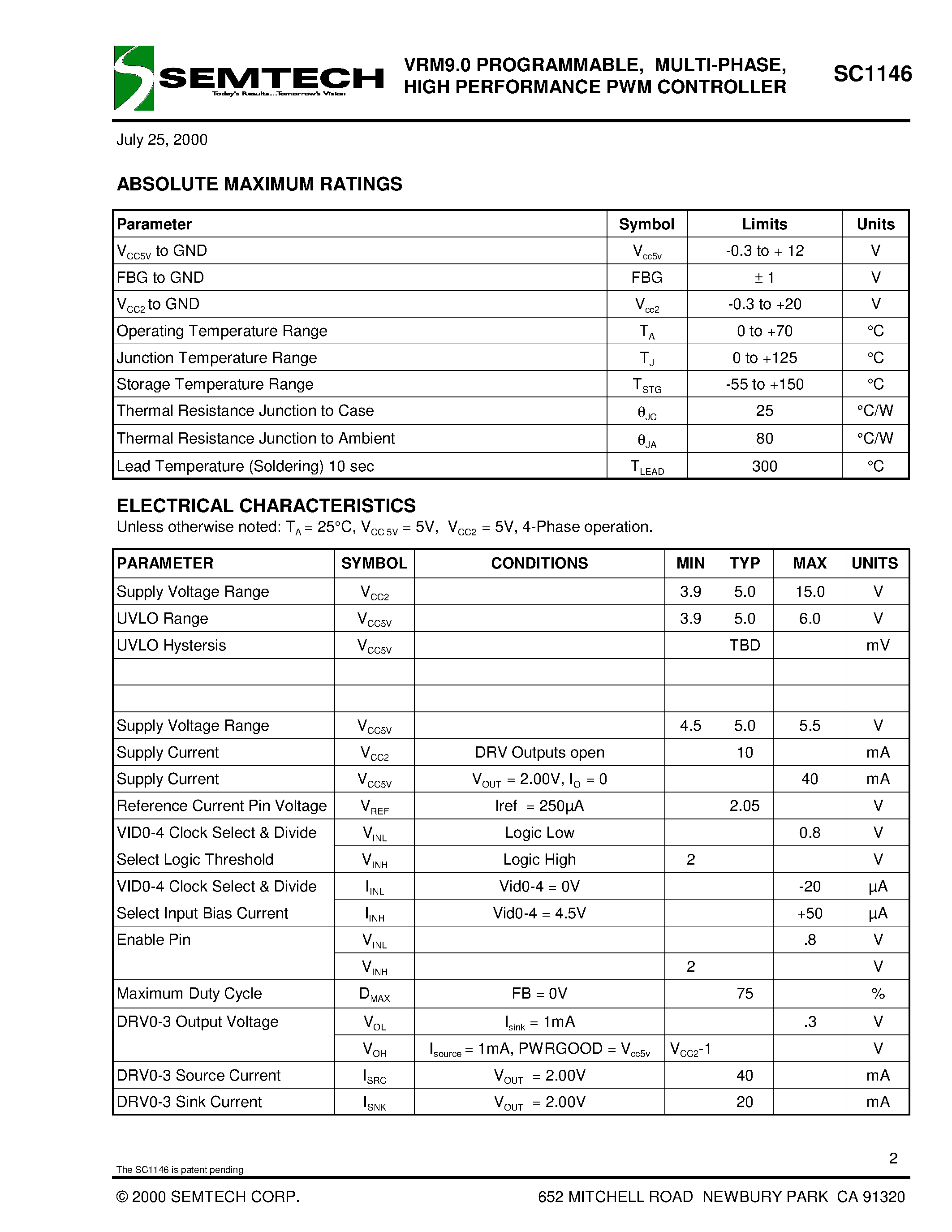 Datasheet SC1146CSW page 2 Datasheet SC1146CSW - VRM9.0 PROGRAMMABLE/ MULTI-PHASE/ HIGH PERFORMANCE PWM CONTROLLER page 2