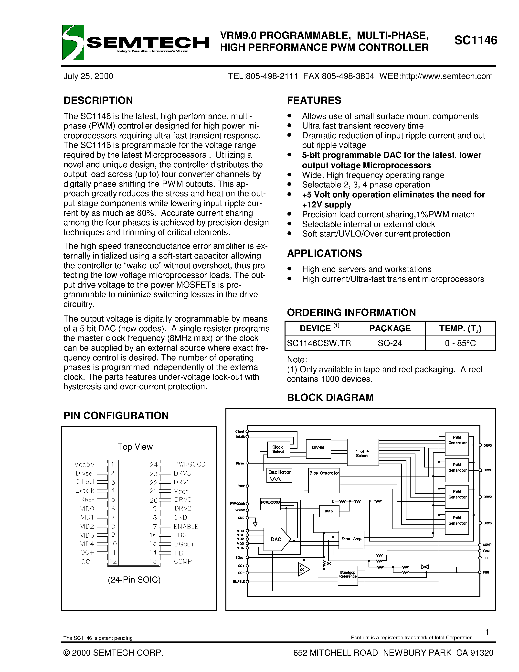 Datasheet SC1146CSW.TR - VRM9.0 PROGRAMMABLE/ MULTI-PHASE/ HIGH PERFORMANCE PWM CONTROLLER page 1