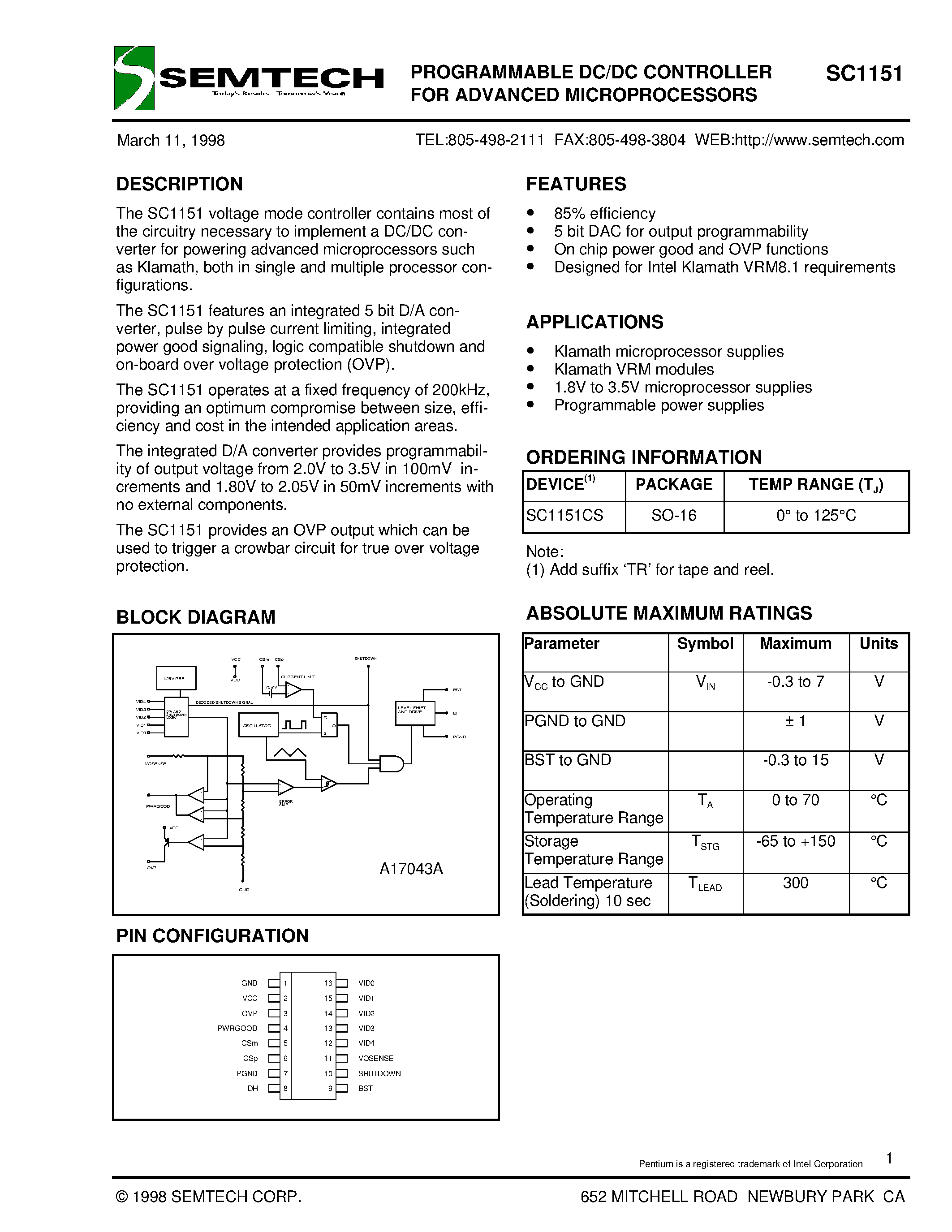 Datasheet SC1151CS - PROGRAMMABLE DC/DC CONTROLLER FOR ADVANCED MICROPROCESSORS page 1