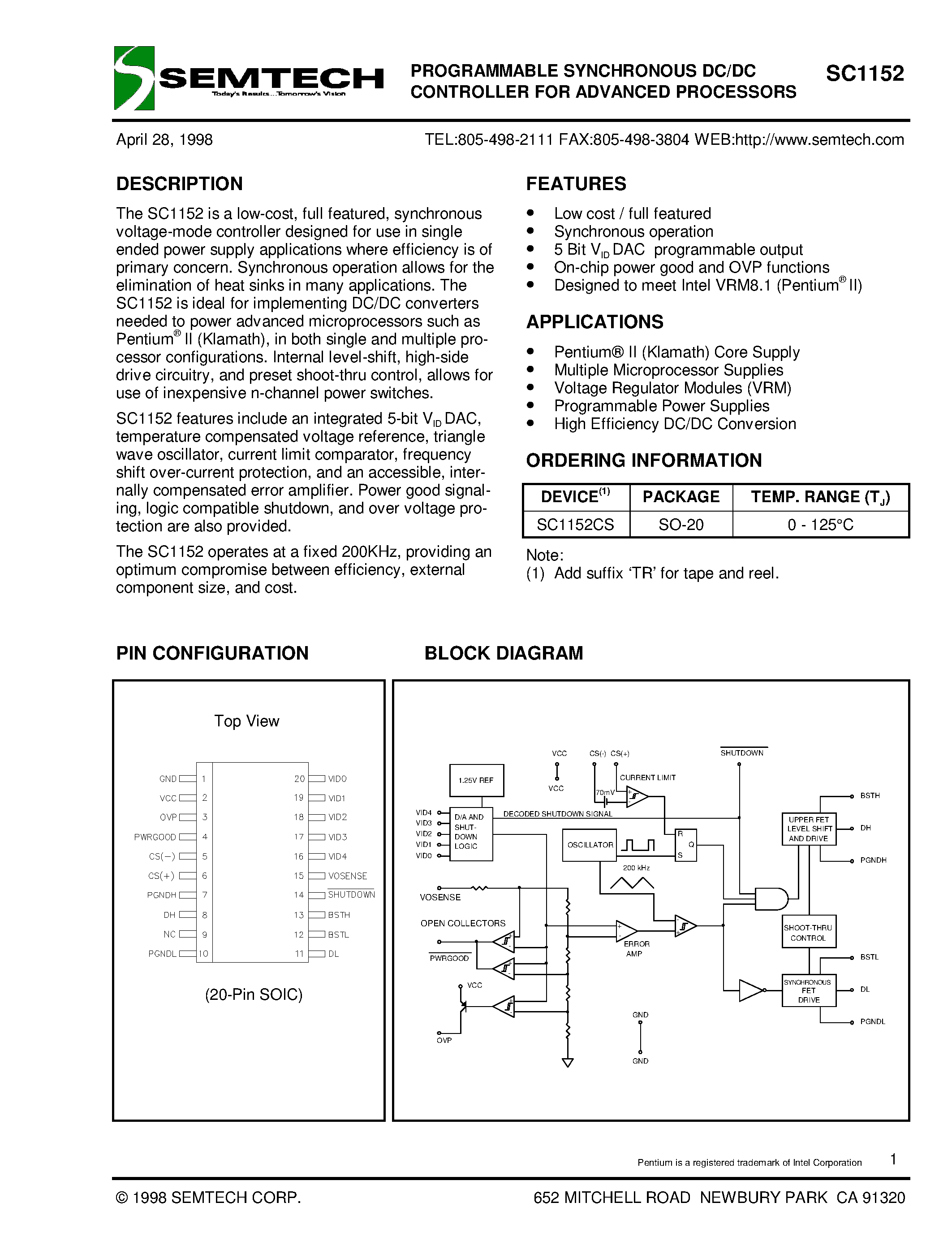 Даташит SC1152CS - PROGRAMMABLE SYNCHRONOUS DC/DC CONTROLLER FOR ADVANCED PROCESSORS страница 1