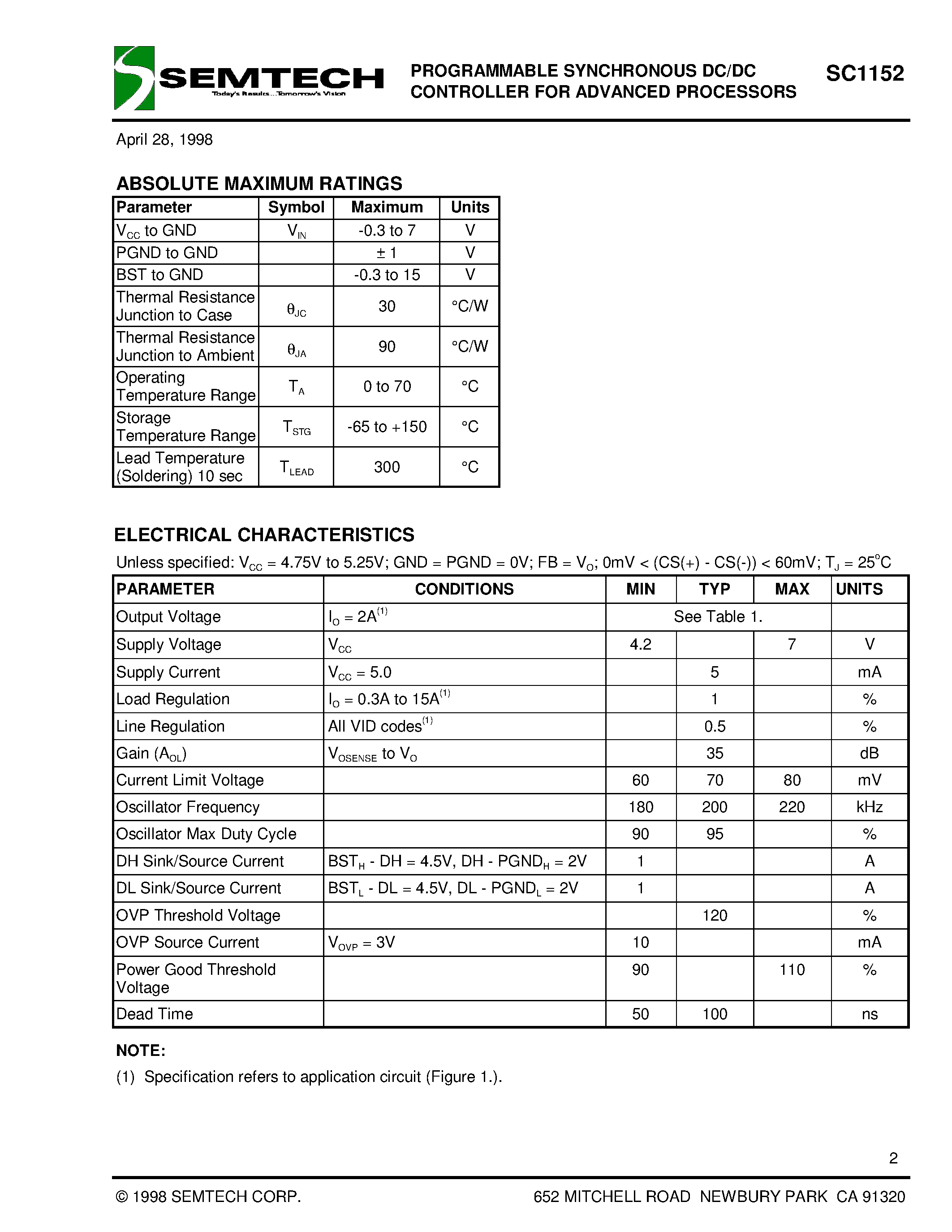 Даташит SC1152CS - PROGRAMMABLE SYNCHRONOUS DC/DC CONTROLLER FOR ADVANCED PROCESSORS страница 2