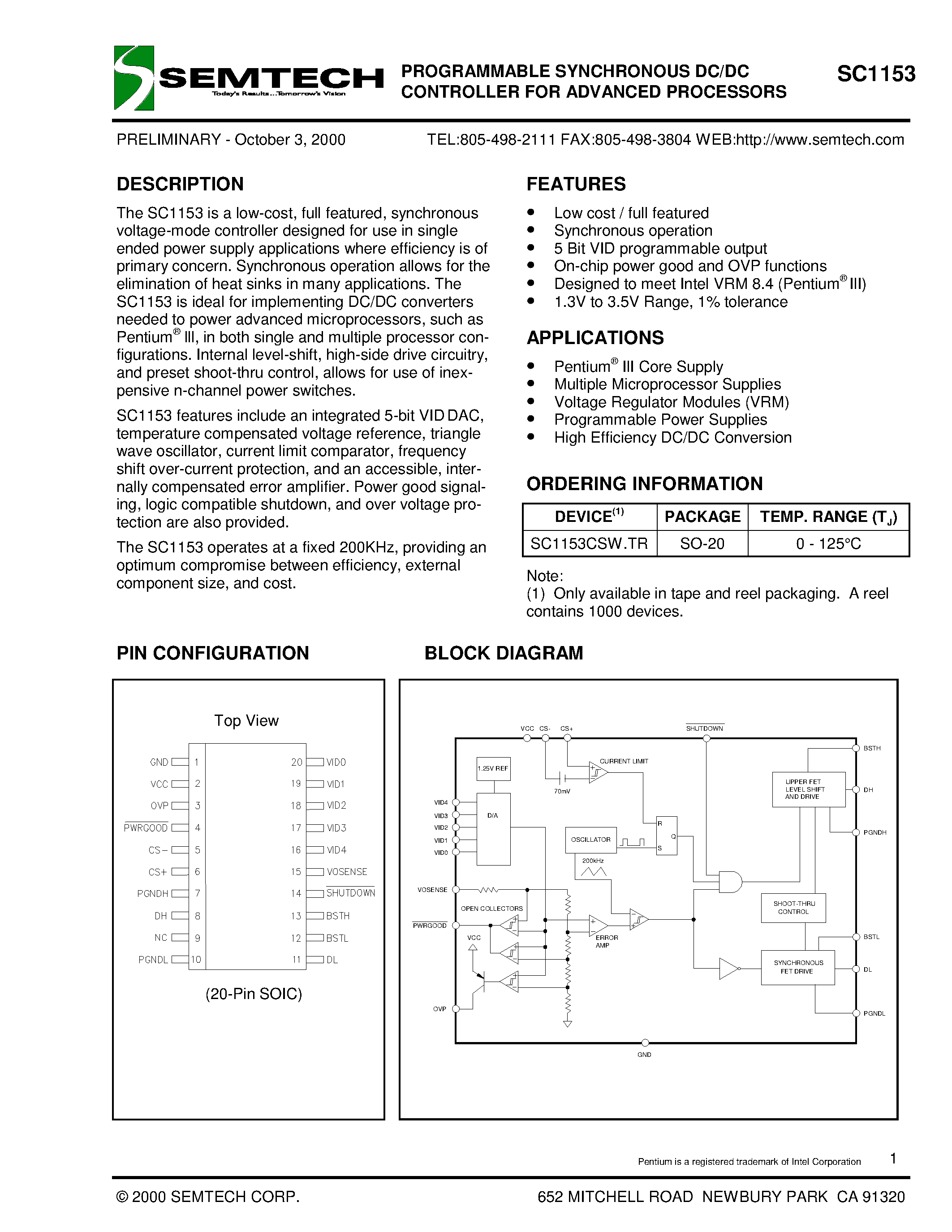 Даташит SC1153CSW.TR - PROGRAMMABLE SYNCHRONOUS DC/DC CONTROLLER FOR ADVANCED PROCESSORS страница 1