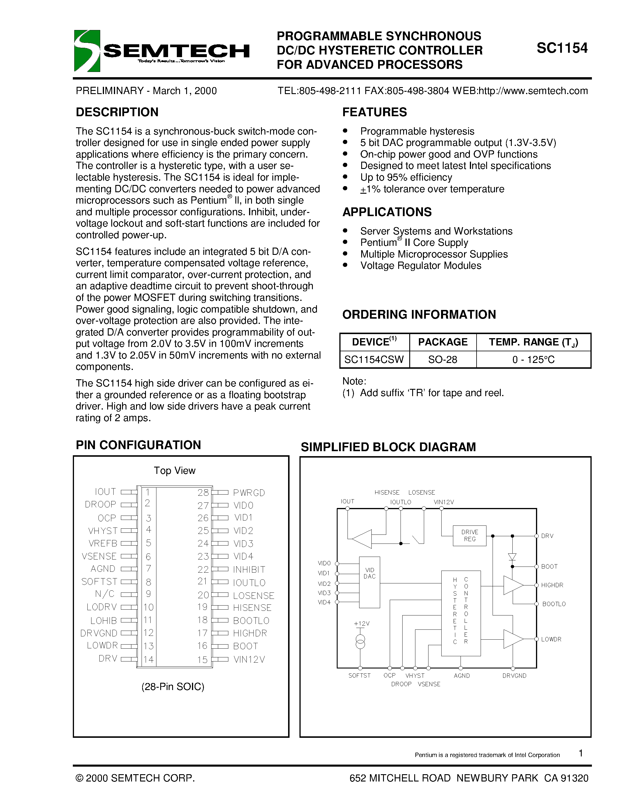 Даташит SC1154CSW - PROGRAMMABLE SYNCHRONOUS DC/DC HYSTERETIC CONTROLLER FOR ADVANCED PROCESSORS страница 1