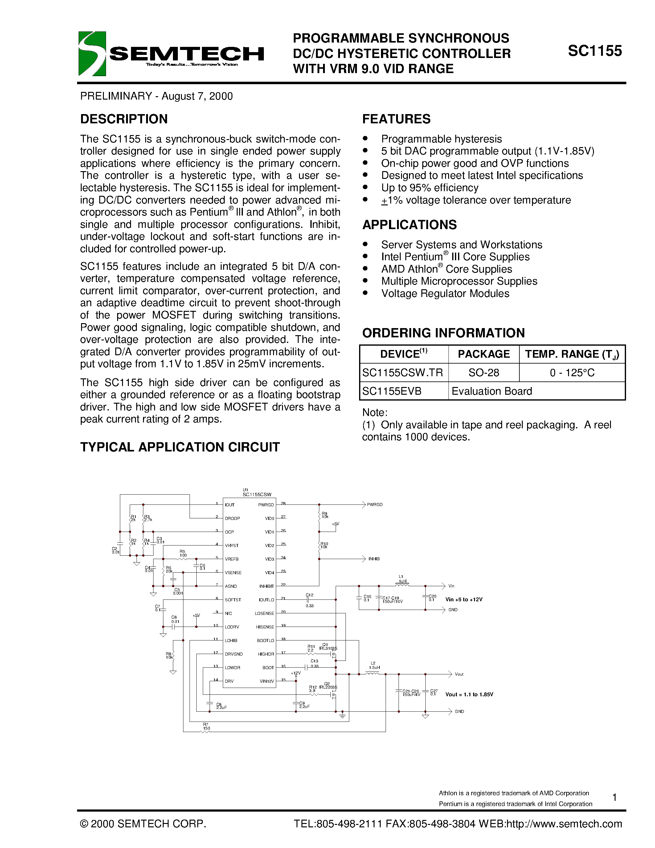 Даташит SC1155CSW.TR - PROGRAMMABLE SYNCHRONOUS DC/DC HYSTERETIC CONTROLLER WITH VRM 9.0 VID RANGE страница 1