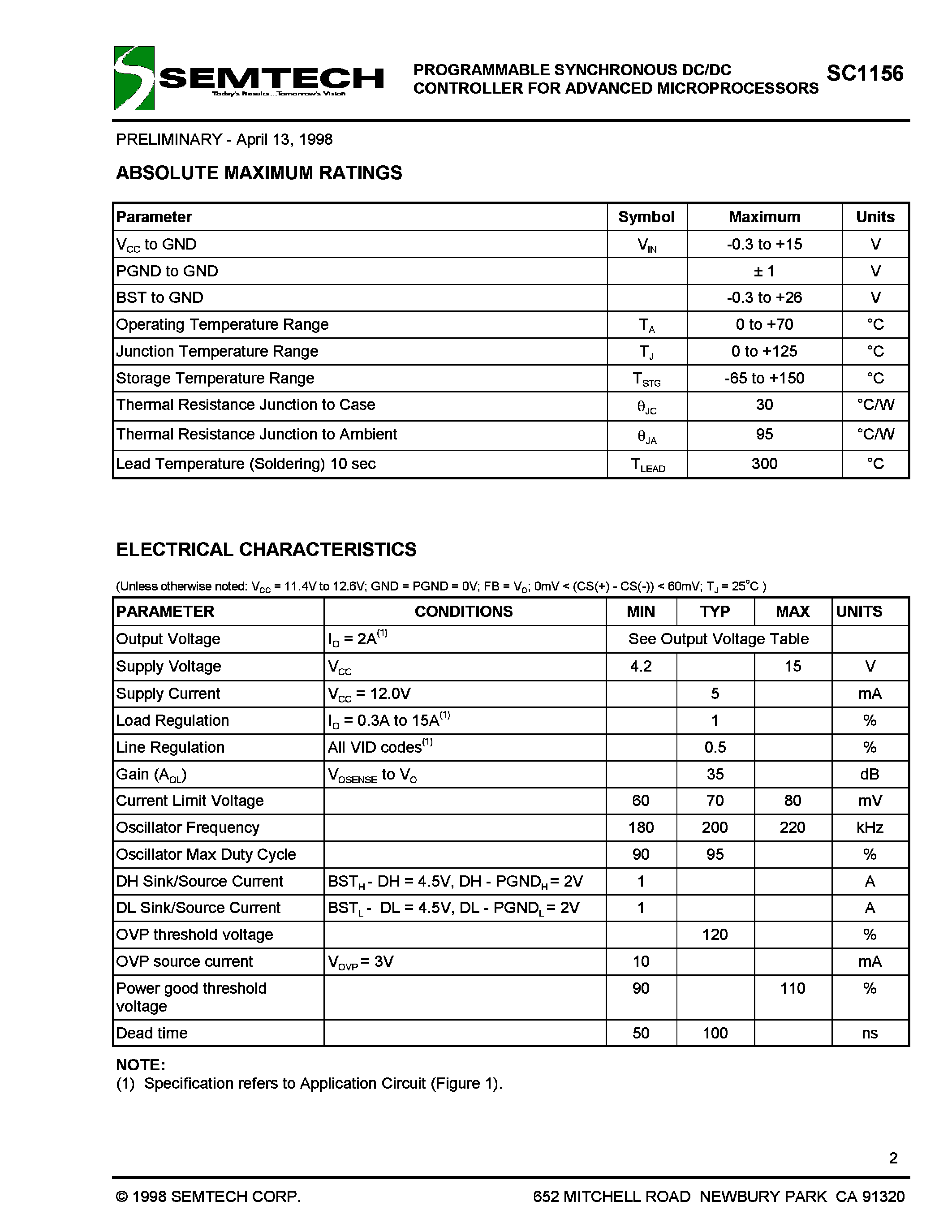 Даташит SC1156 - PROGRAMMABLE SYNCHRONOUS DC/DC CONTROLLER FOR ADVANCED MICROPROCESSORS страница 2