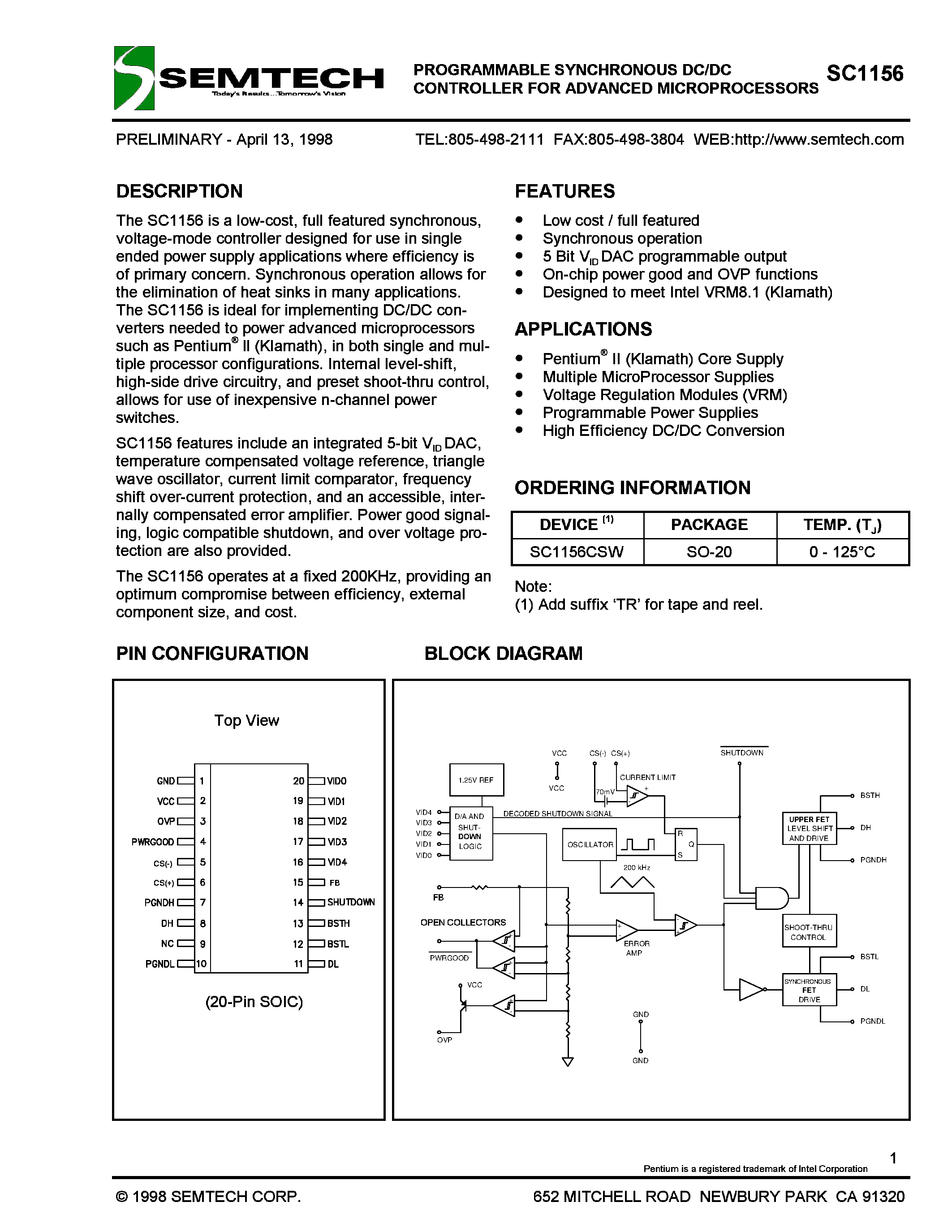 Даташит на микросхему SC1156CSW страница 1 Даташит SC1156CSW - PROGRAMMABLE SYNCHRONOUS DC/DC CONTROLLER FOR ADVANCED MICROPROCESSORS страница 1