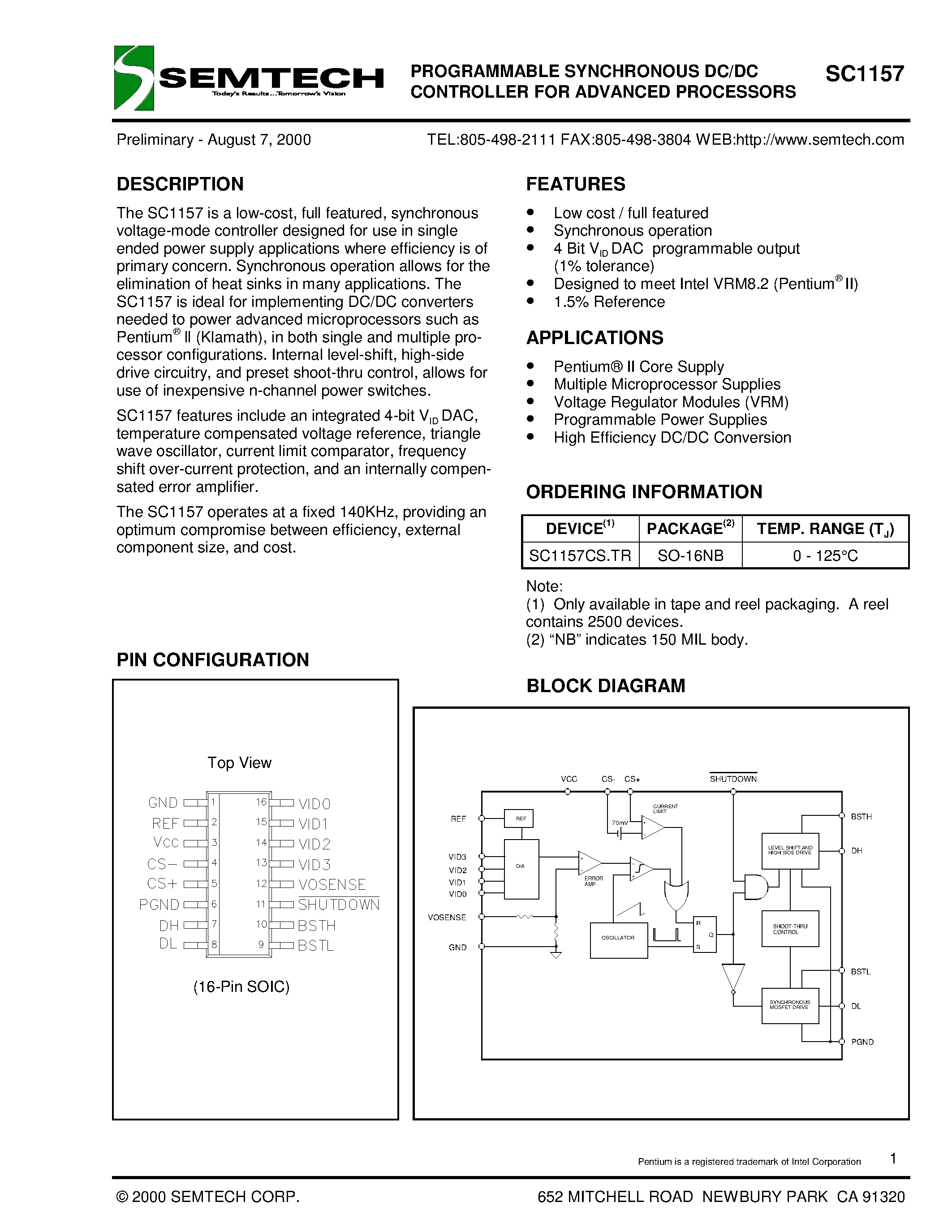 Даташит на микросхему SC1157CS.TR страница 1 Даташит SC1157CS.TR - PROGRAMMABLE SYNCHRONOUS DC/DC CONTROLLER FOR ADVANCED PROCESSORS страница 1