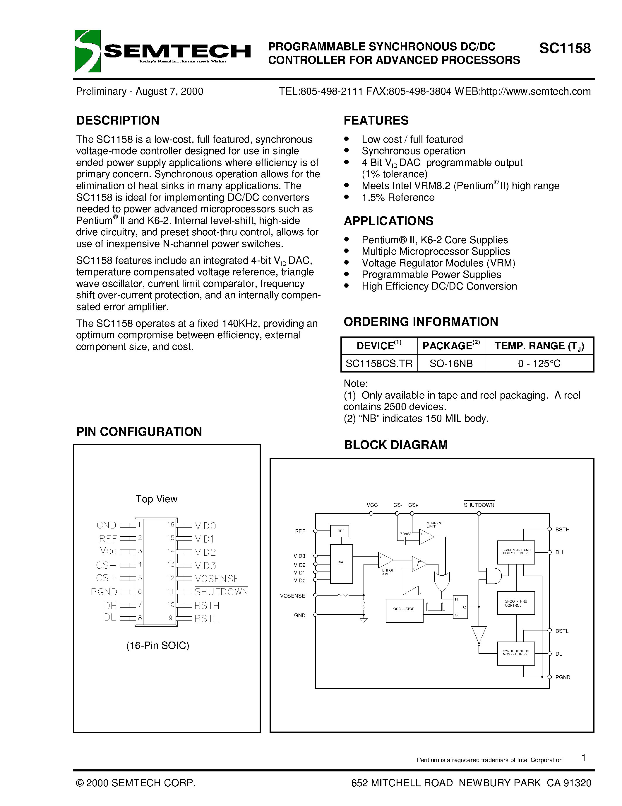 Даташит на микросхему SC1158CS страница 1 Даташит SC1158CS - PROGRAMMABLE SYNCHRONOUS DC/DC CONTROLLER FOR ADVANCED PROCESSORS страница 1