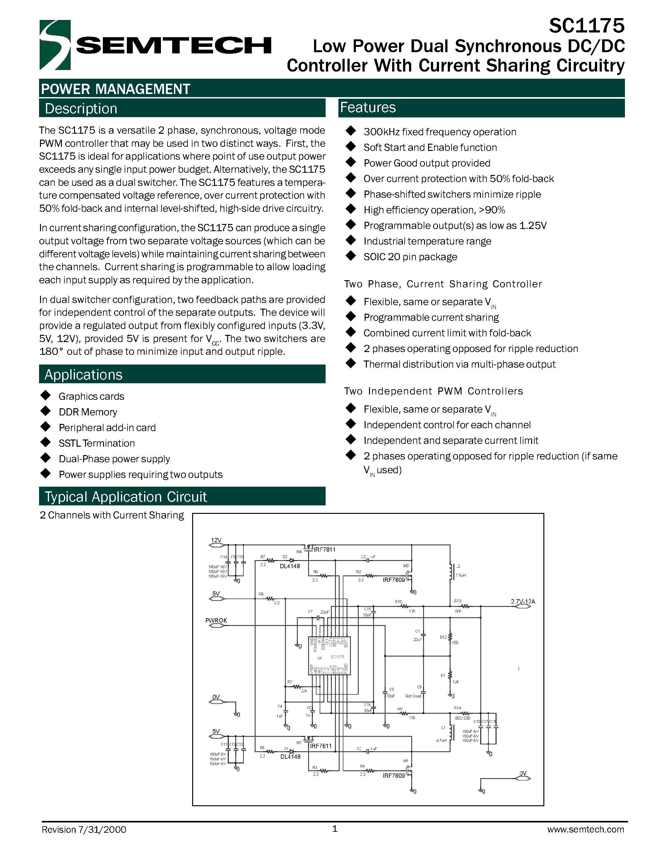 Datasheet SC1175EVB-2 - Low Power Dual Synchronous DC/DC Controller With Current Sharing Circuitry page 1